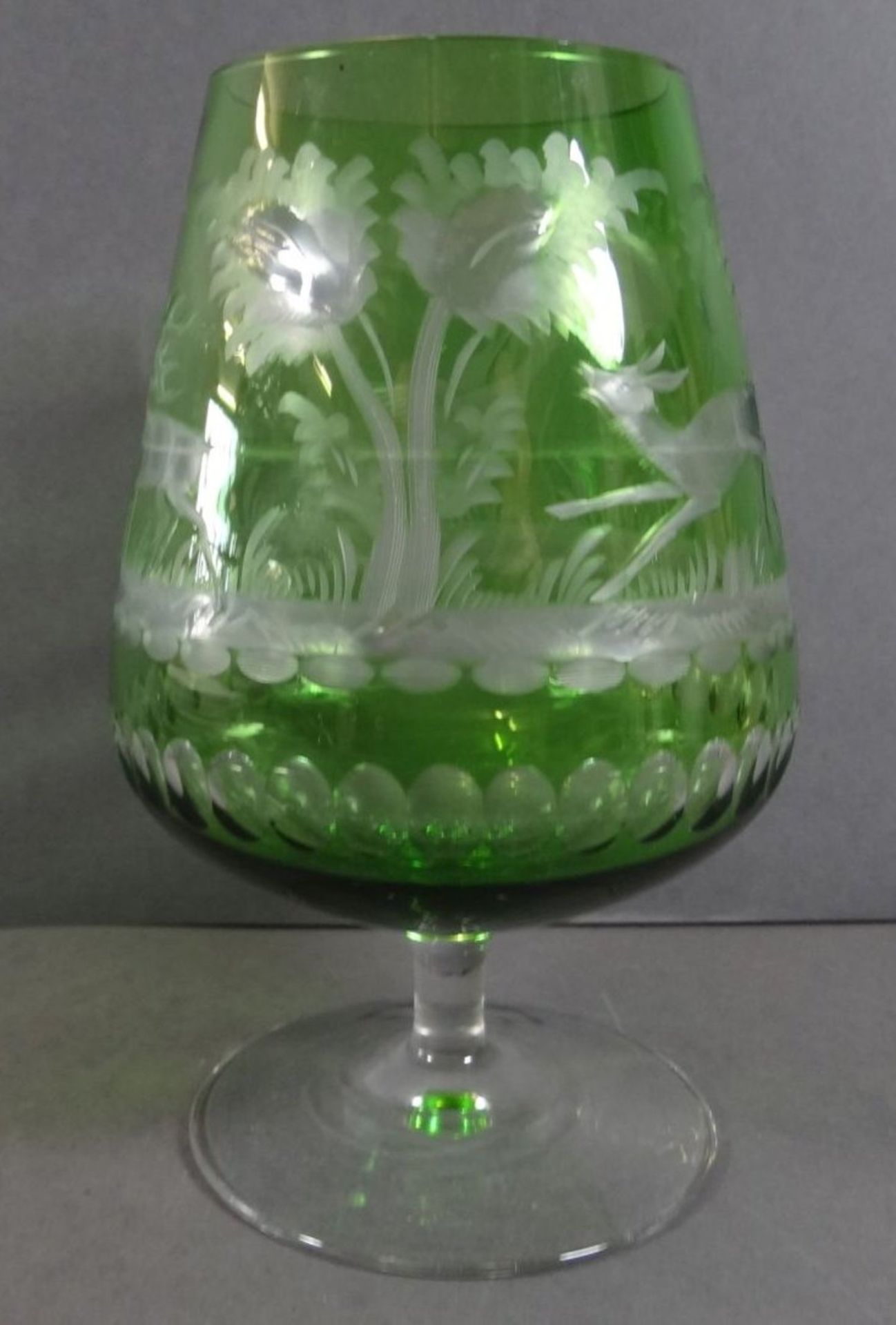 übergrosser Cognac-SDchwenker, grün-klar mit Wild-Motiven, H-18 cm