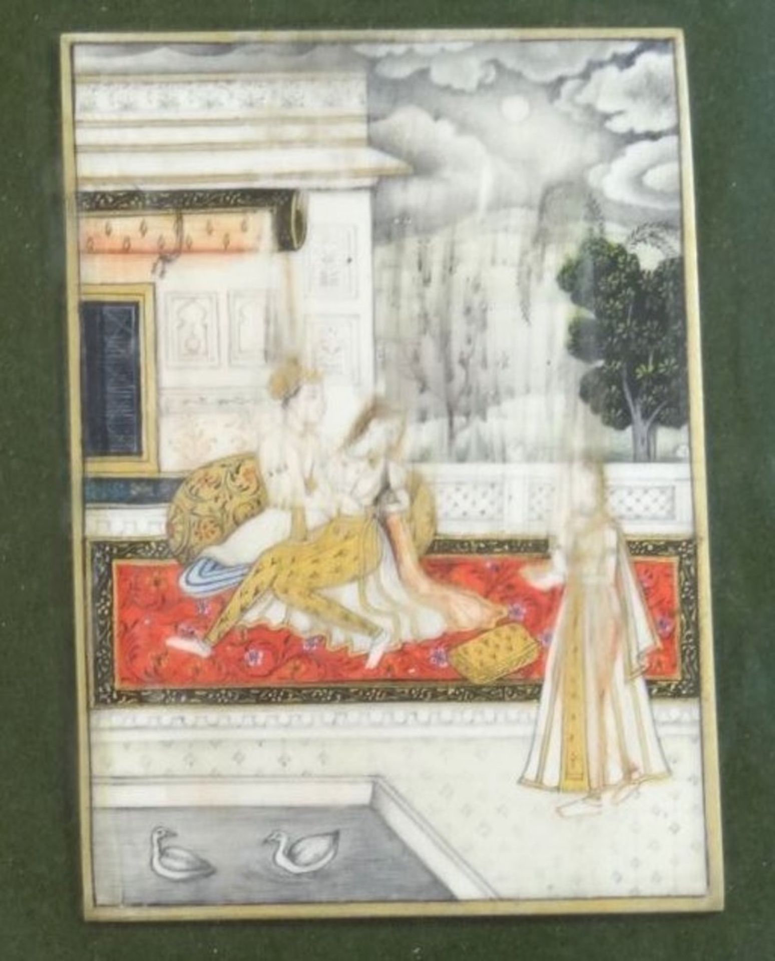 persische Miniaturmalerei auf Beinplatte, Haremszene ger/Glas, RG 20x15 cm - Bild 2 aus 4