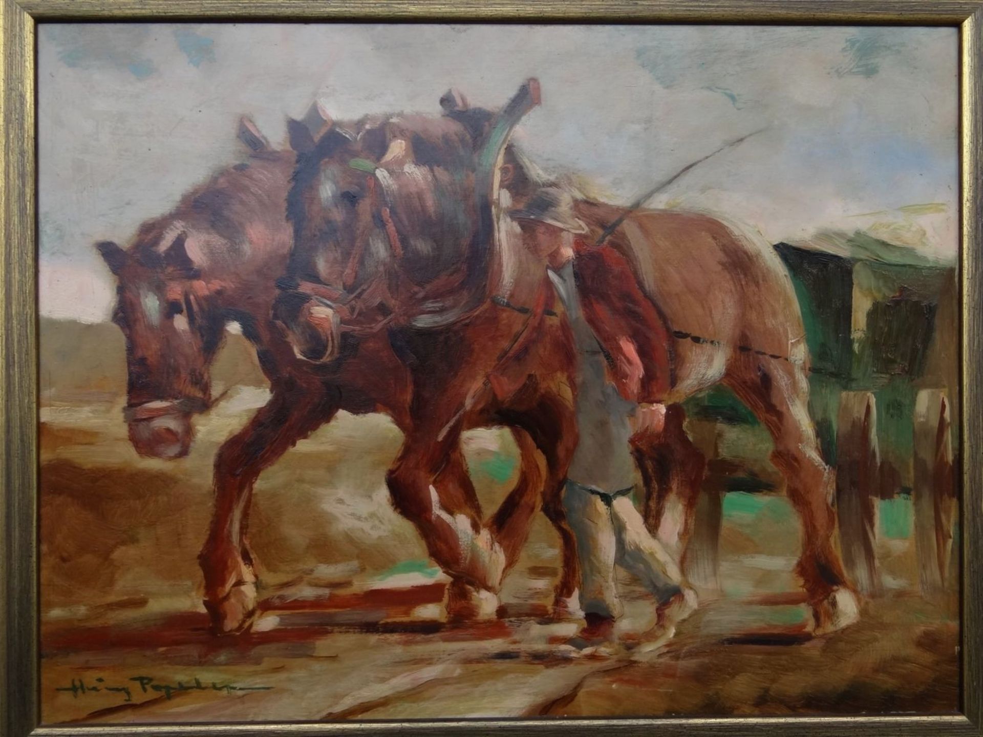 unleserl. signiert "Fuhrmann mit Pferdegespann" Öl/Malfaser, gerahmt, RG 64x80 cm - Bild 2 aus 6