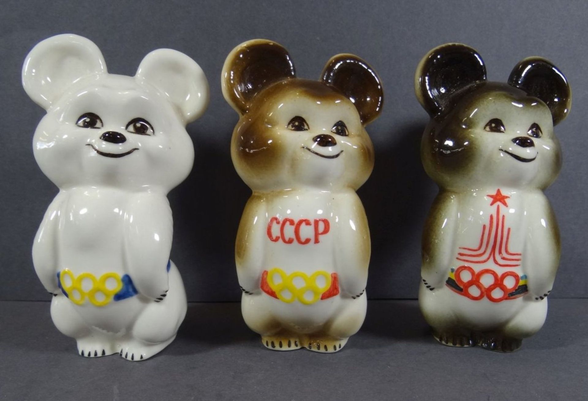 3x Olympia Maskottchen, Moskau, 1980, H-10 cm