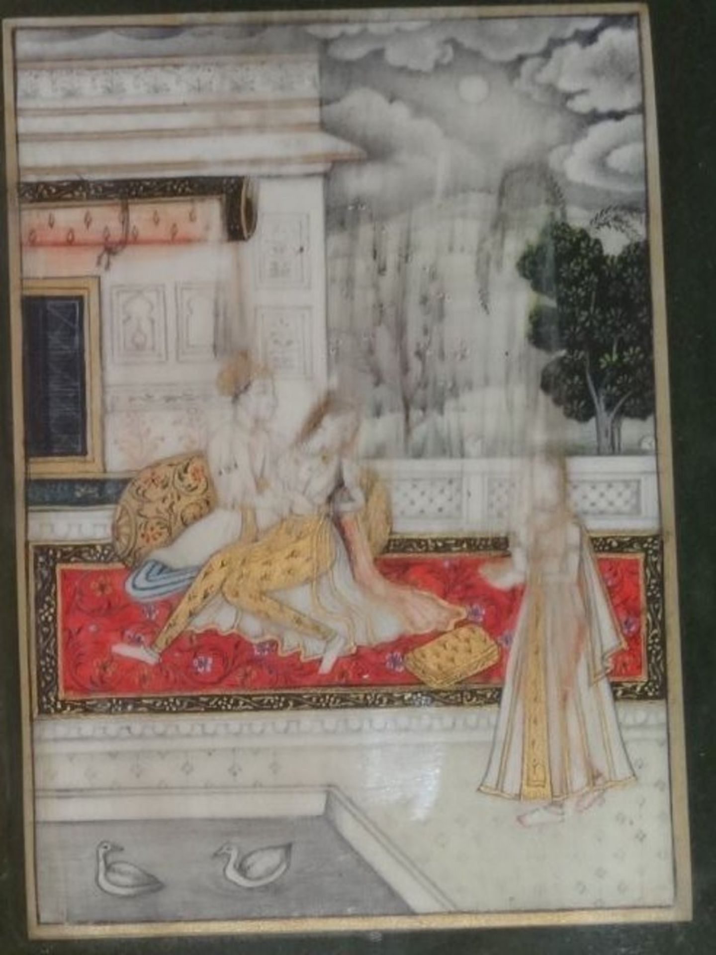 persische Miniaturmalerei auf Beinplatte, Haremszene ger/Glas, RG 20x15 cm