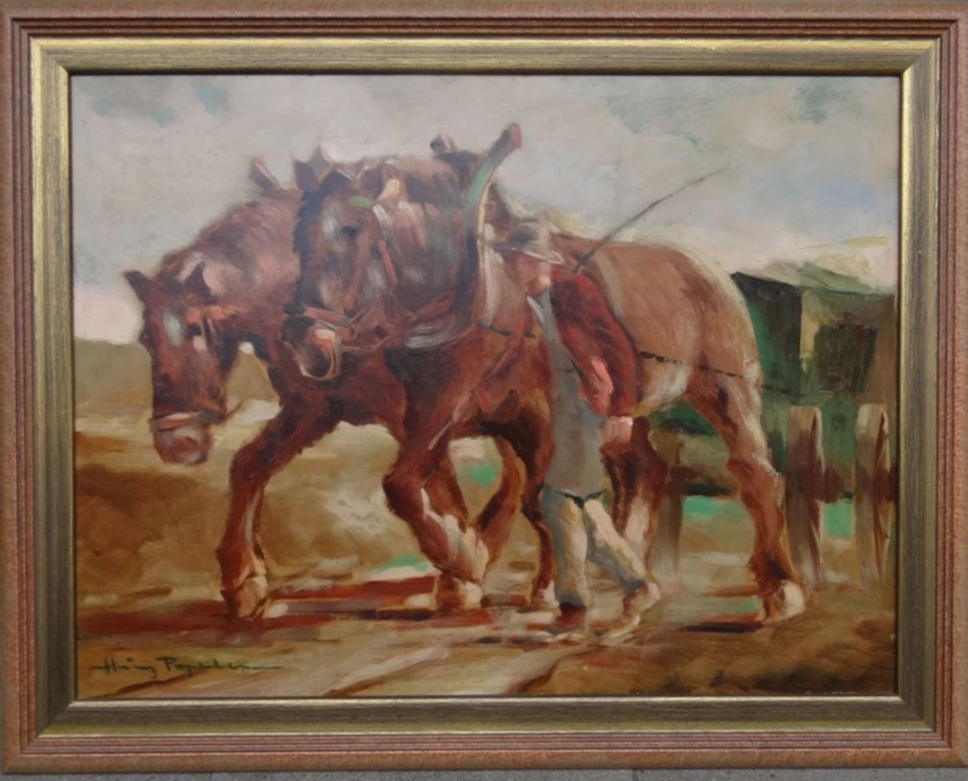 unleserl. signiert "Fuhrmann mit Pferdegespann" Öl/Malfaser, gerahmt, RG 64x80 cm - Bild 3 aus 6