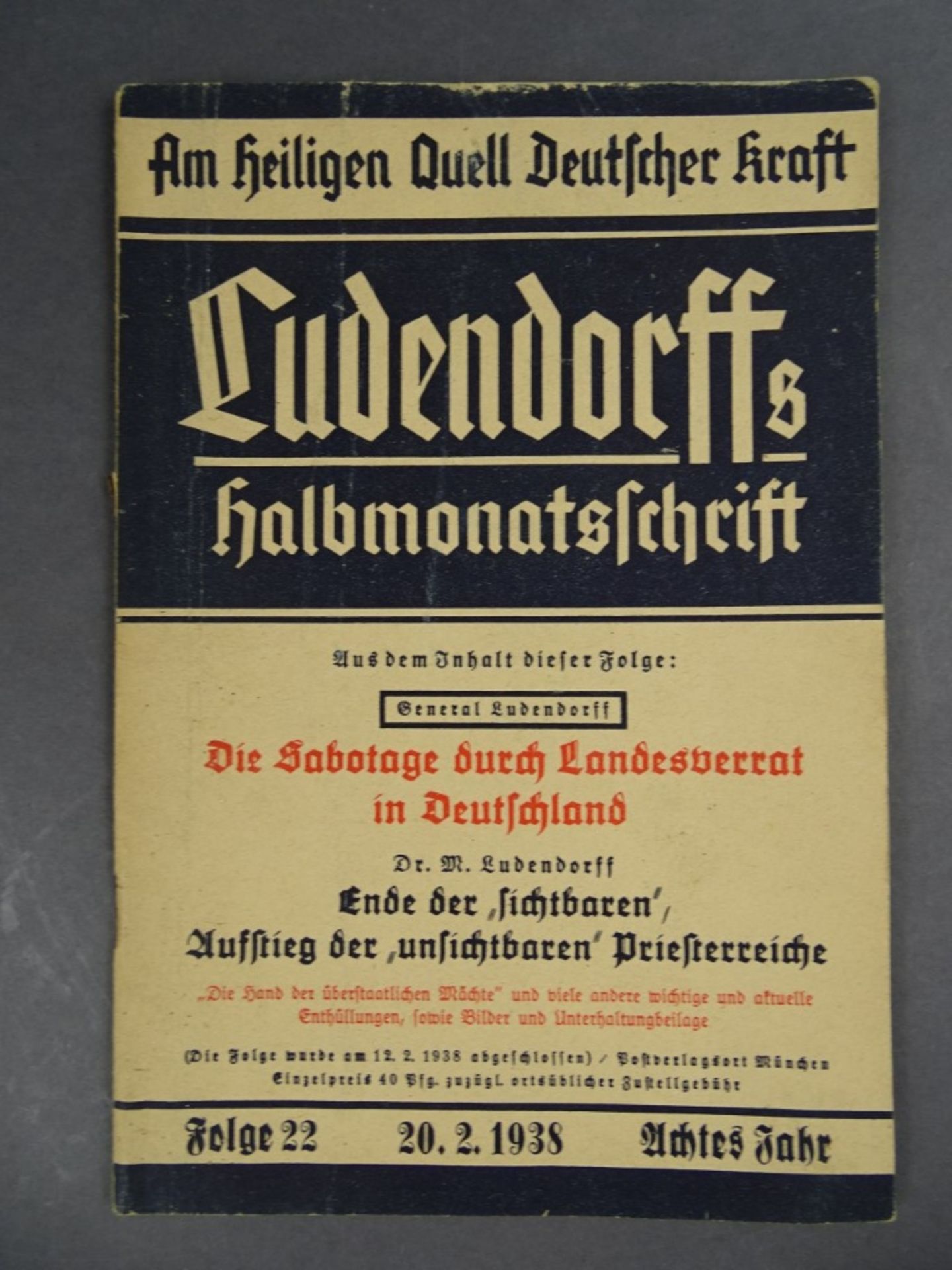 Ludendorffs Halbmonatsschrift, Folge 22, 1938, Achtes Jahr, gut erhalten