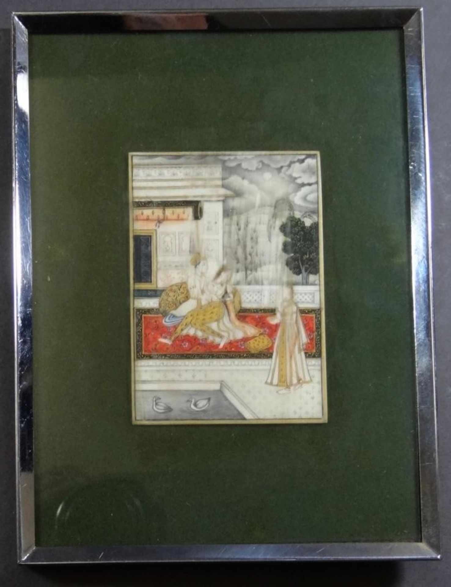 persische Miniaturmalerei auf Beinplatte, Haremszene ger/Glas, RG 20x15 cm - Bild 3 aus 4