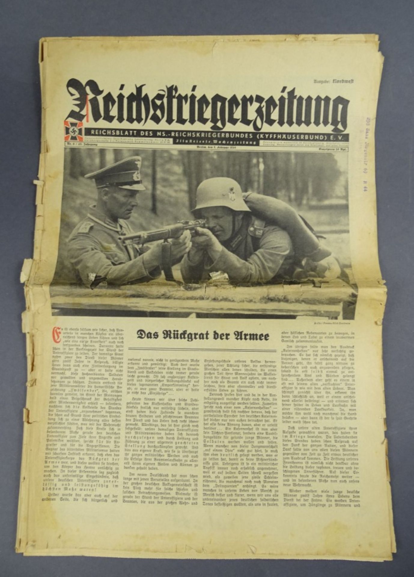 Reichskriegerzeitung, Nr. 6, 63. Jahrg., 1939, vergilbt, Knicke und kleine Risse, aber gut lesbar