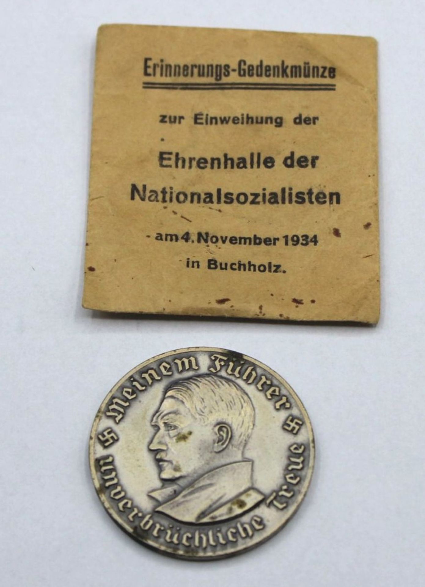 Gedenkmünze Buchholz 1934 Kanzler Brustbild mit Umschrift "Meinem Führer unverbrüchliche Treue",