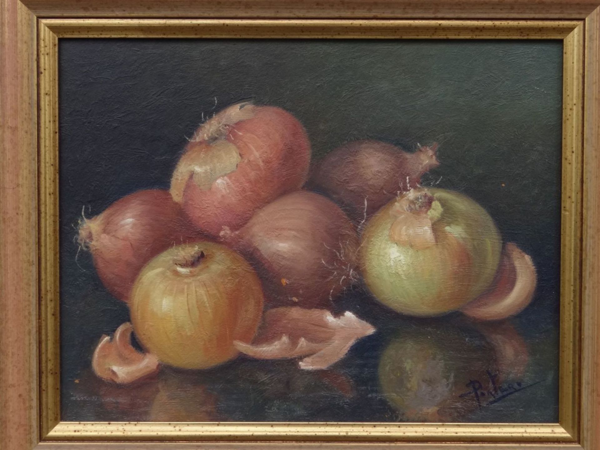 Pantero (oder ähnllich?) "Zwiebeln", Öl/Platte, gerahmt, RG 38x46 cm - Bild 3 aus 5