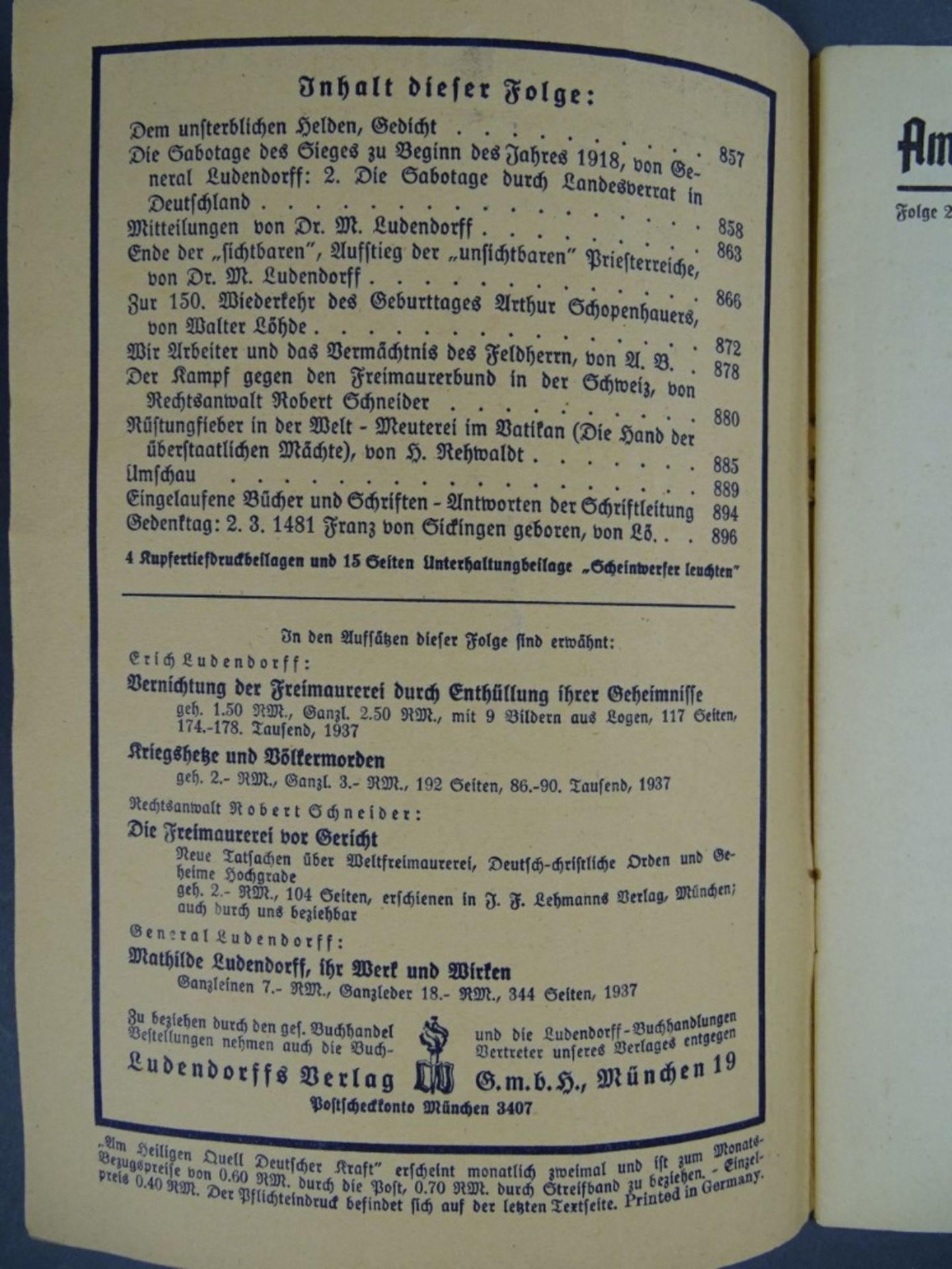 Ludendorffs Halbmonatsschrift, Folge 22, 1938, Achtes Jahr, gut erhalten - Image 2 of 5