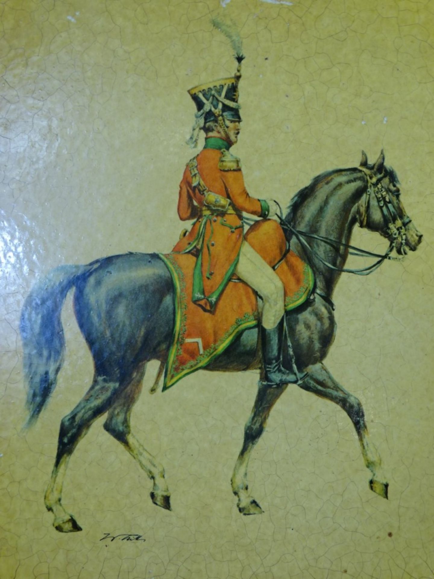4 Bilder auf Platten, historische Kavalleristen versch. Länder, je 26,7x21,4 cm, Firniss rissig, - Image 5 of 9