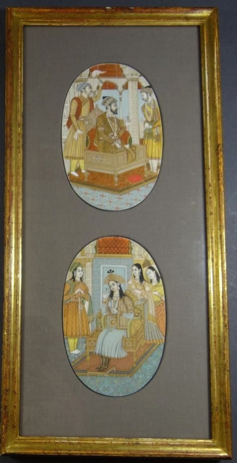 persische Miniaturmalerei auf Beinplatte, 2 ovale Haremszenen ger/Glas, RG 45x22 cm