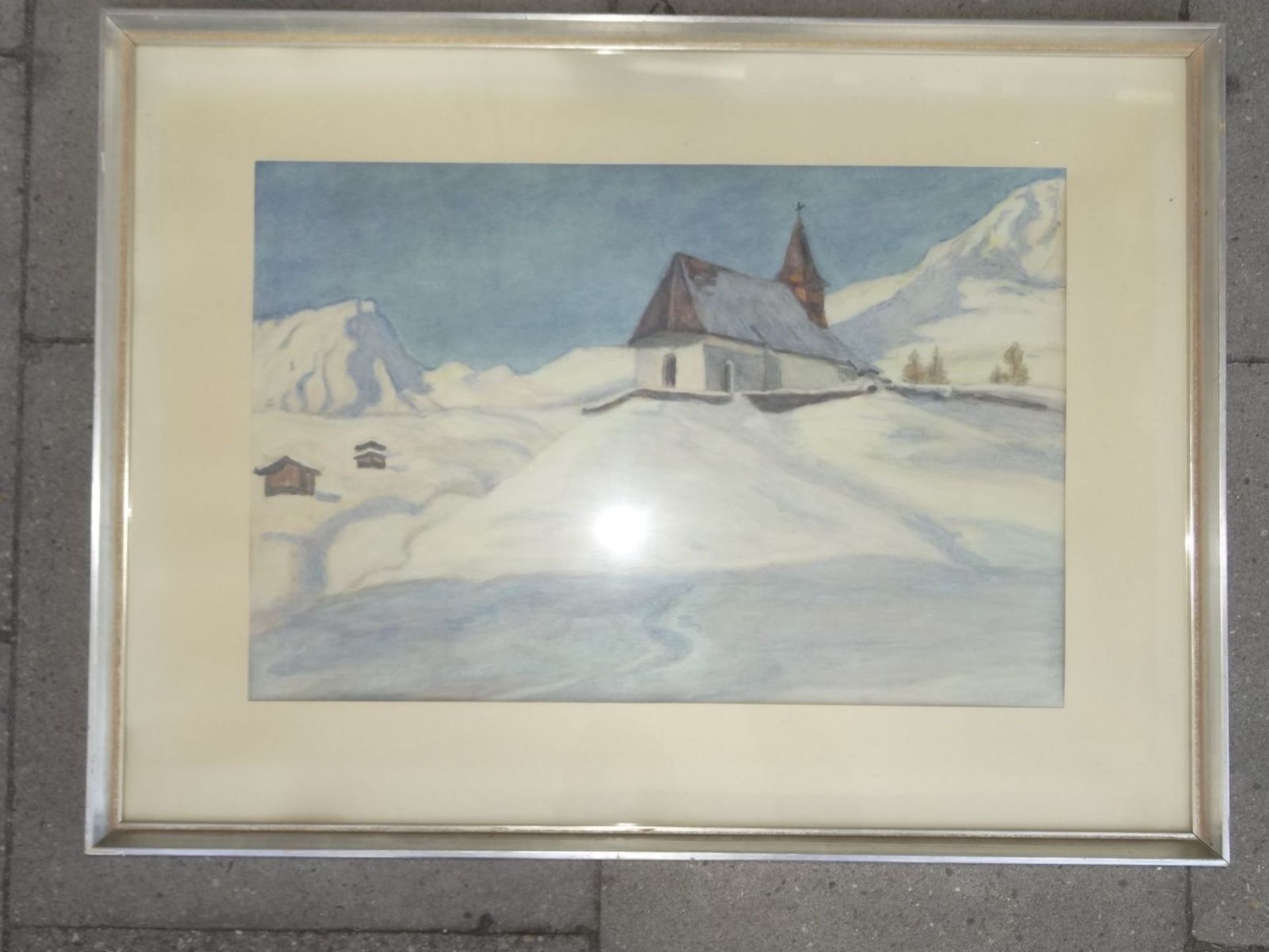 anonyme Bergkirche in Schneelandschaft,, ger/Glas, wie vorher, event. unter PP signiert, RG 50x68 - Bild 4 aus 4
