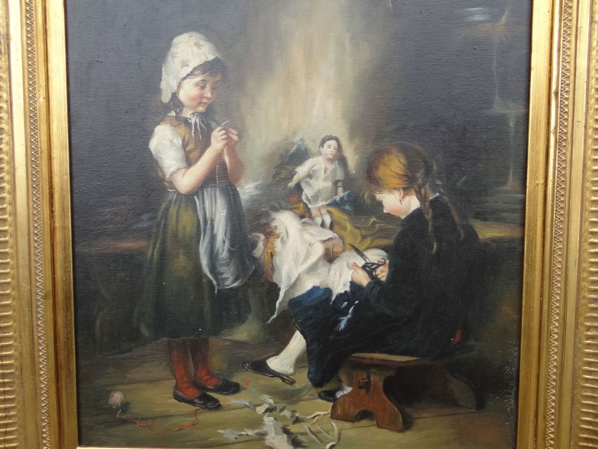 anonyme, handarbeitende Kinder, Öl/Leinen, gut gerahmt, RG 70x60 cm - Bild 4 aus 7