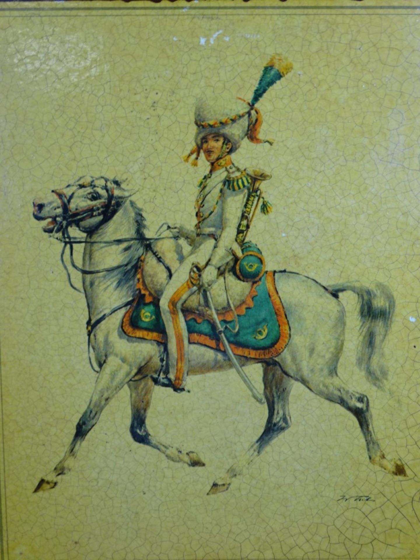 4 Bilder auf Platten, historische Kavalleristen versch. Länder, je 26,7x21,4 cm, Firniss rissig, - Image 3 of 9