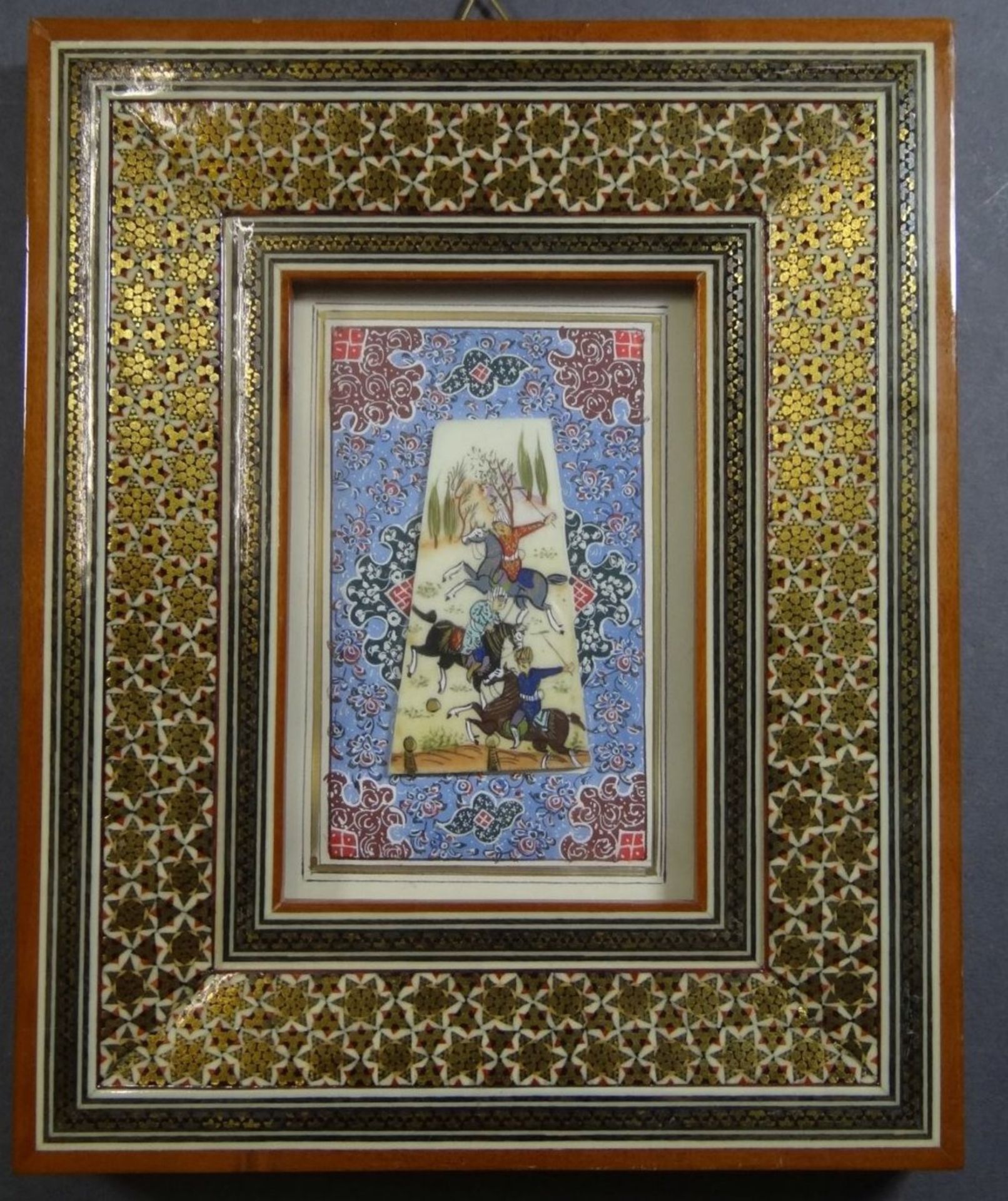 persische Miniaturmalerei auf Beinplatte, ger/Glas, Jagdmotiv, RG 21x16 cm