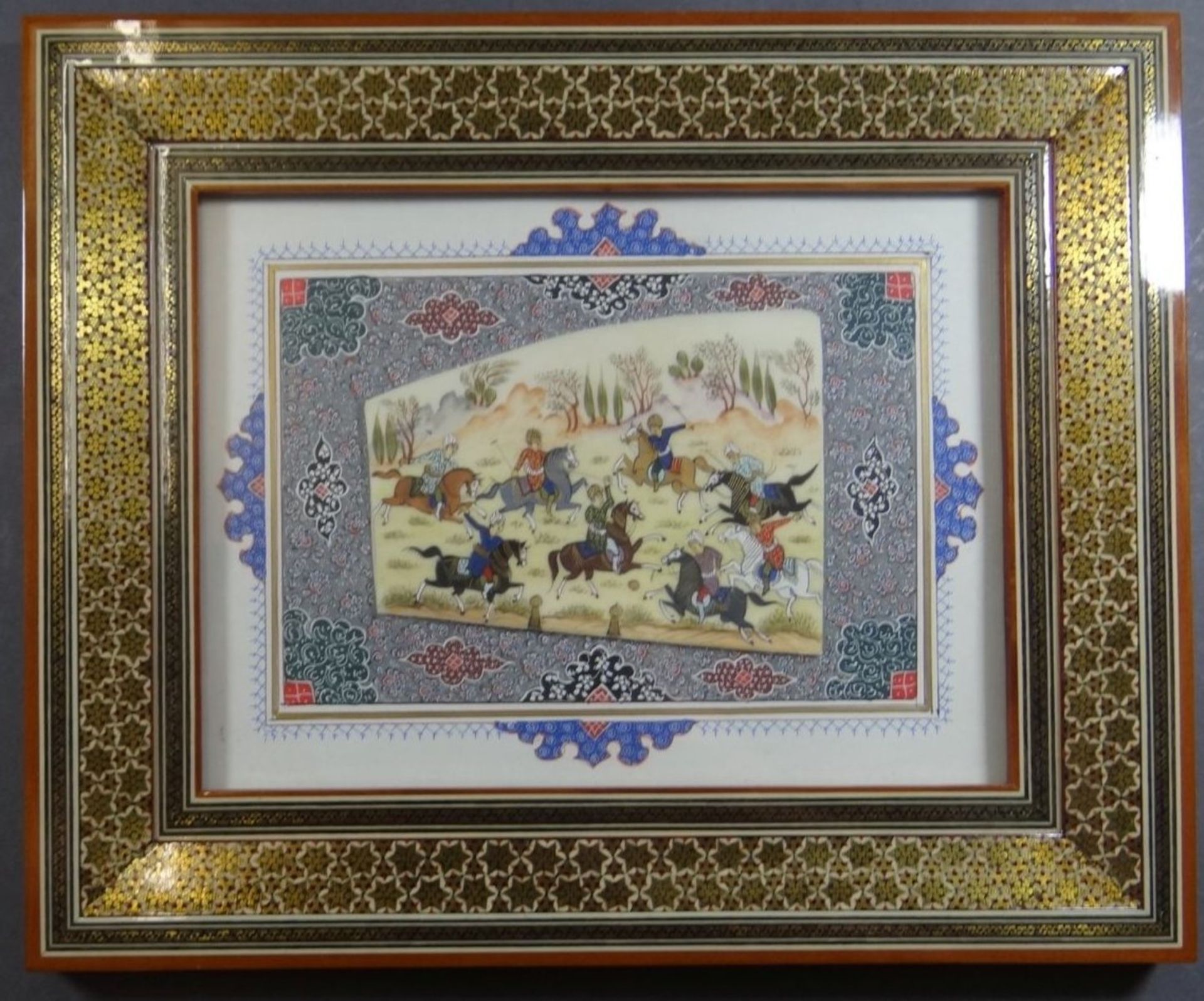 persische Miniaturmalerei auf Beinplatte, Polospieler, ger/Glas, RG 26x32 cm