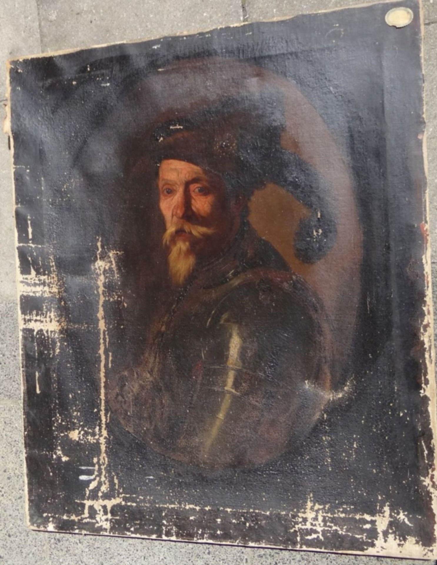 anonymes Ritterportrait, wohl 18.Jhd. Öl/Leinen, stark restaurierungsbedürftig, Leinen verso - Bild 4 aus 10