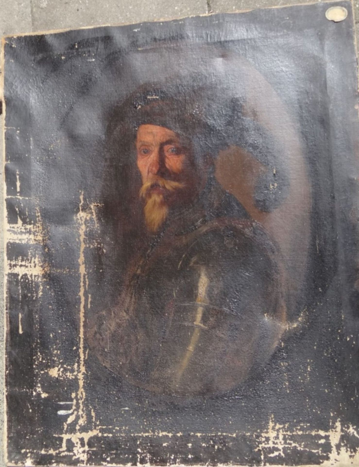 anonymes Ritterportrait, wohl 18.Jhd. Öl/Leinen, stark restaurierungsbedürftig, Leinen verso - Bild 5 aus 10