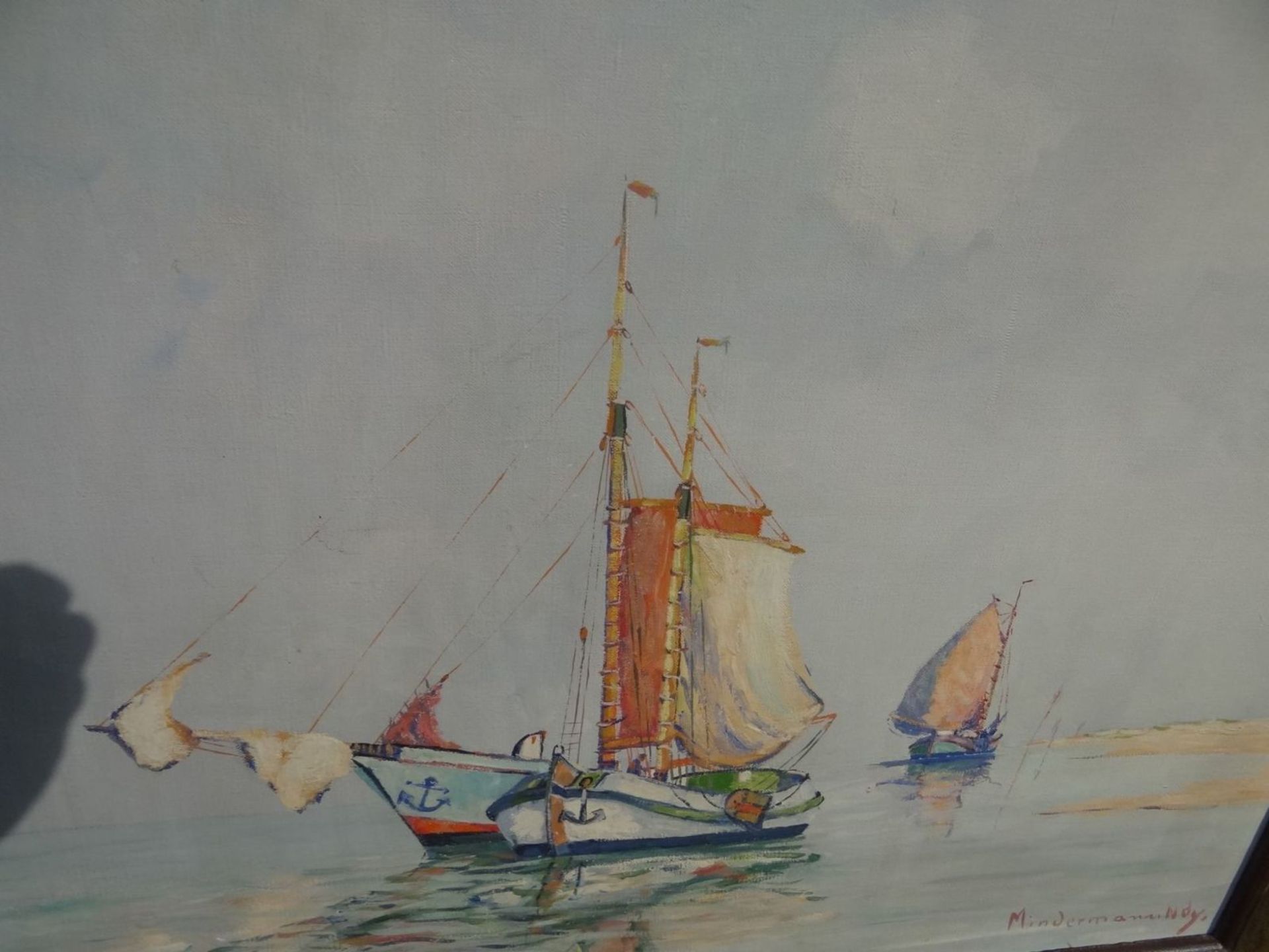 Heinz MINDERMANN (1872-1959) Norderney "Segelboote vor Küste", grosses Gemälde, Öl/Leinen, - Bild 4 aus 5