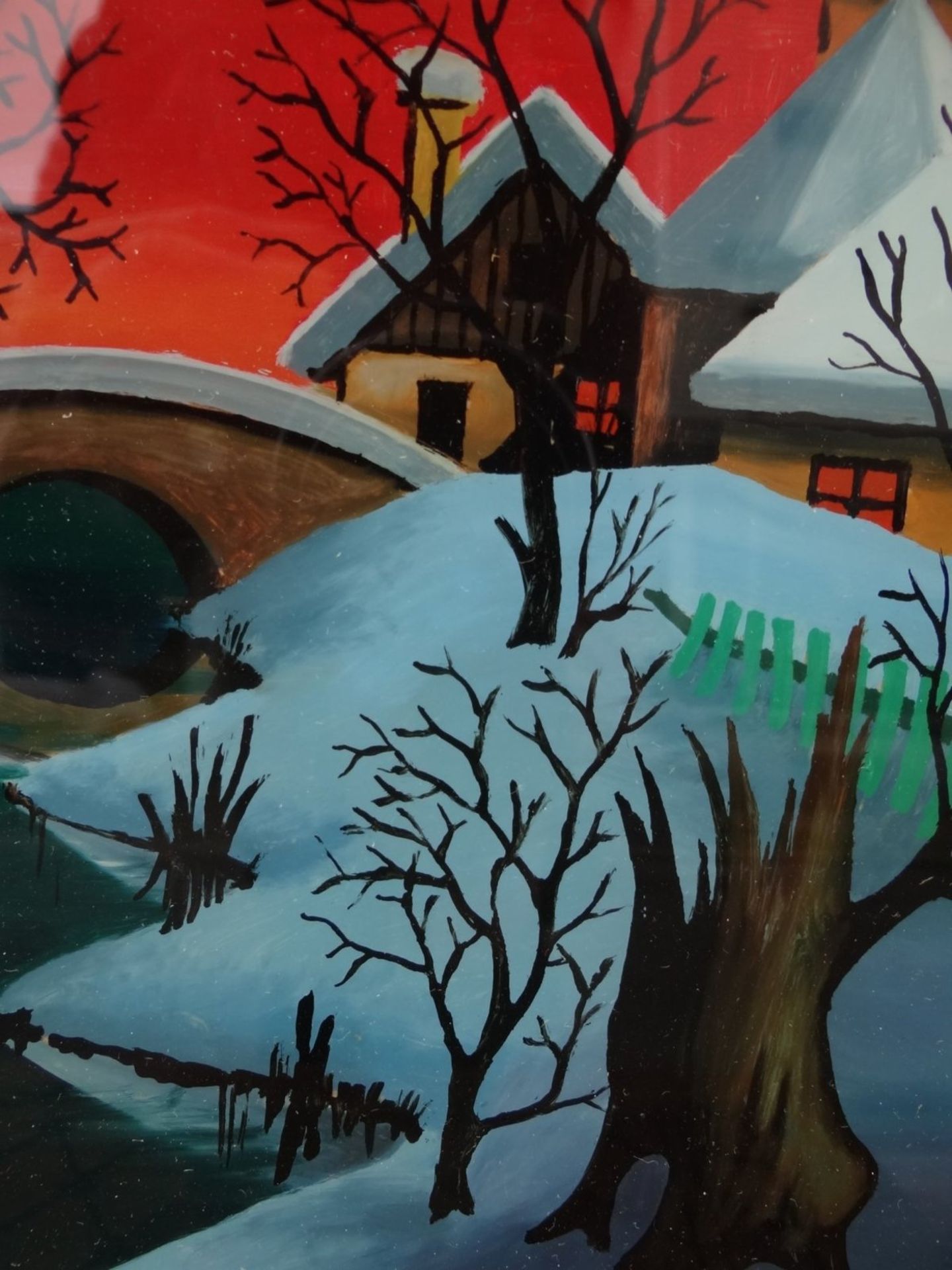 C. Sebastian, 1972 "Dorf im Winter" naive Hinterglasmalerei, gerahmt, RG 41x35 cm - Bild 3 aus 5