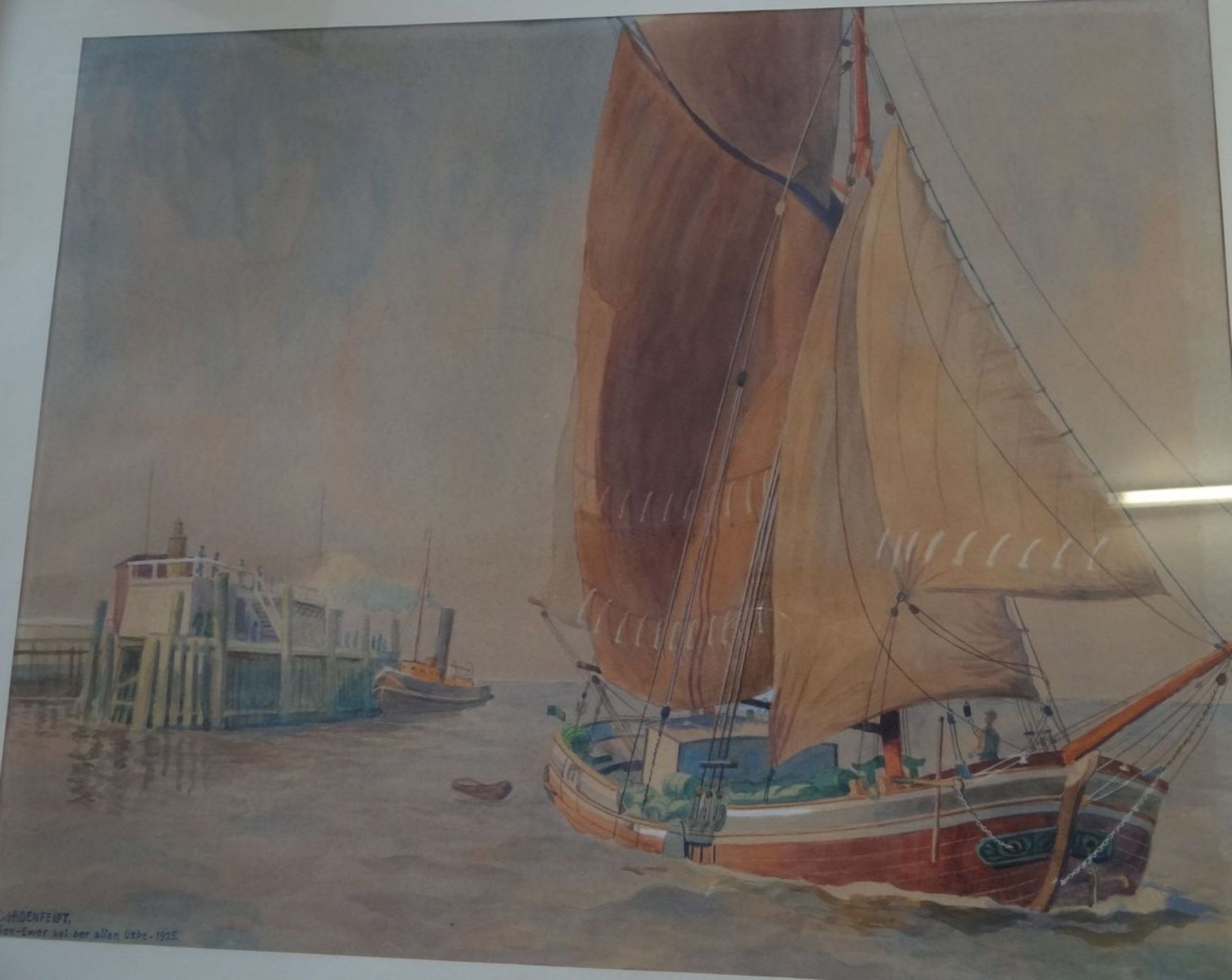 Christian HADENFELT (1883-1971) 1925 "Ewer vor Cuxhaven-Alte Liebe" Aquarell, ger/Glas, RG 52x62 cm - Bild 2 aus 4