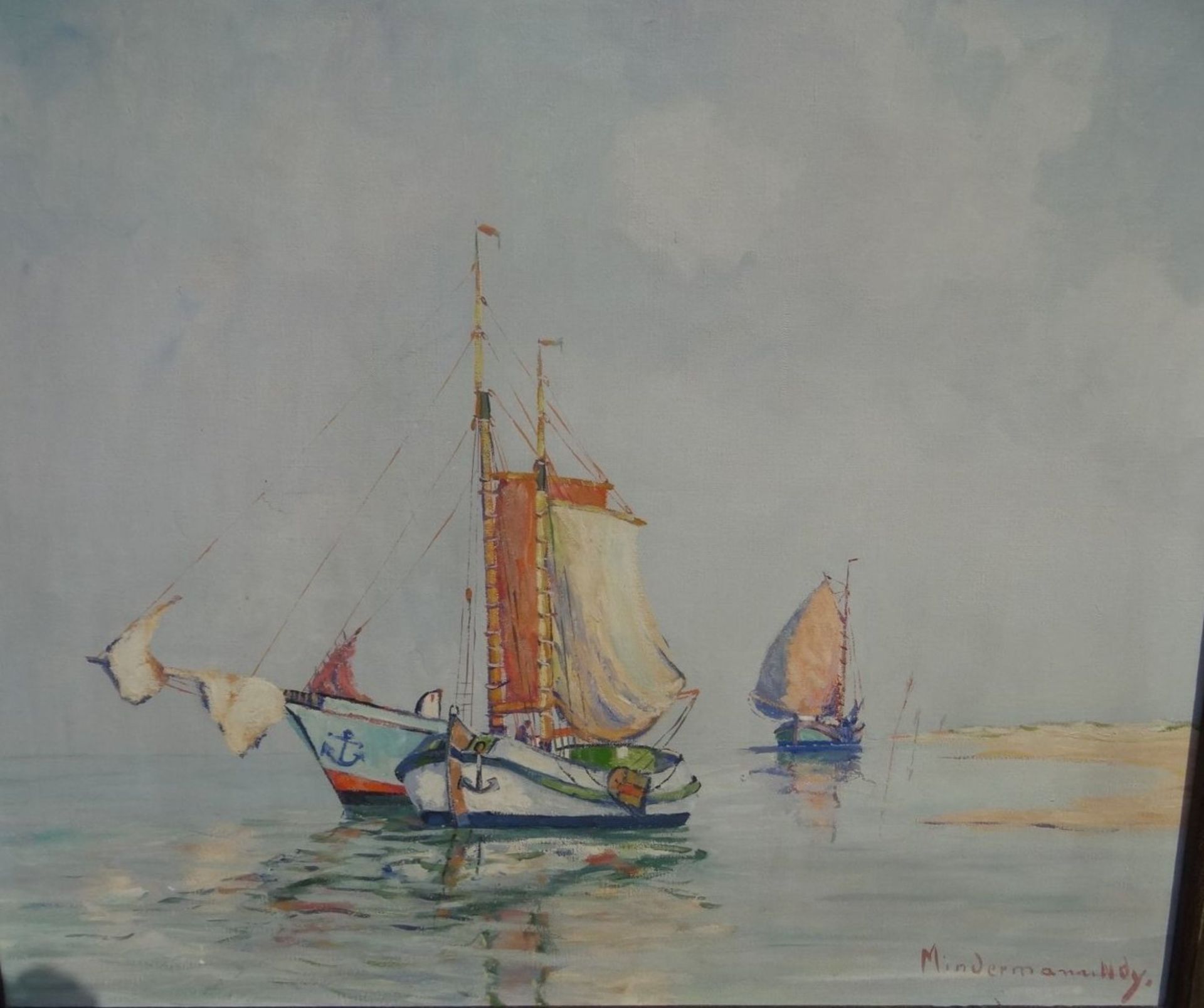 Heinz MINDERMANN (1872-1959) Norderney "Segelboote vor Küste", grosses Gemälde, Öl/Leinen,