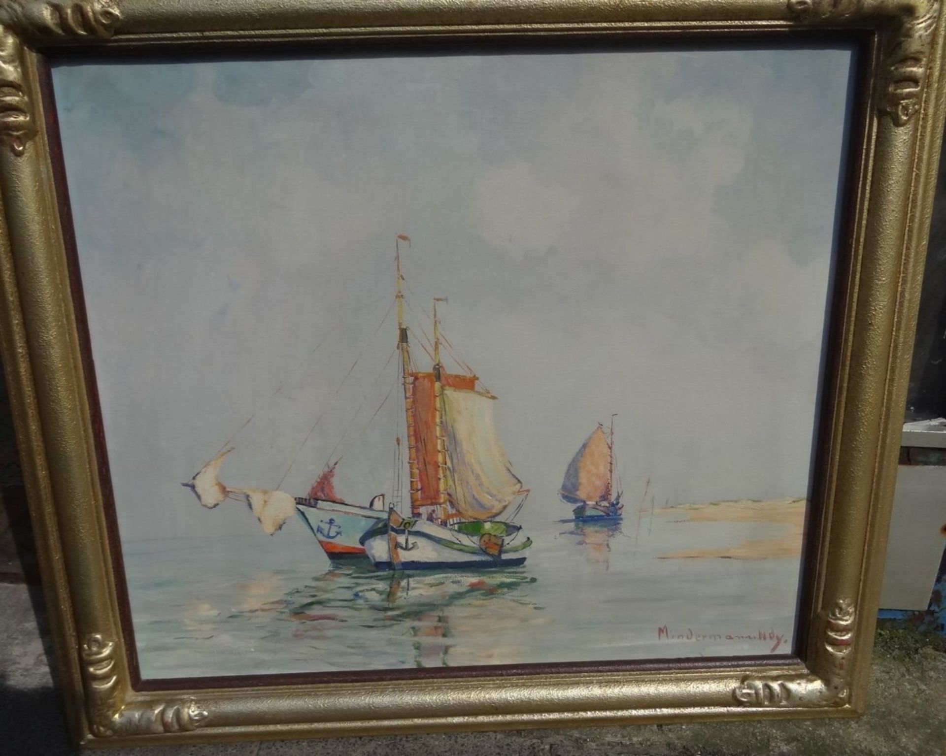 Heinz MINDERMANN (1872-1959) Norderney "Segelboote vor Küste", grosses Gemälde, Öl/Leinen, - Bild 2 aus 5