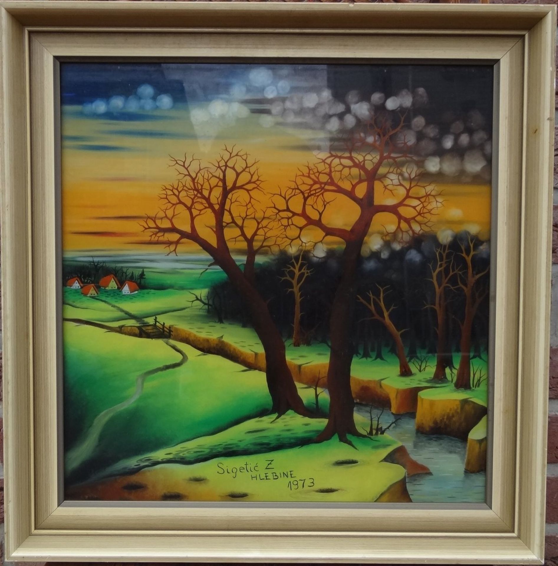 Sigetic Z., 1973 "Bäume im Herbst" naive Hinterglasmalerei, gerahmt, RG 44x44 cm