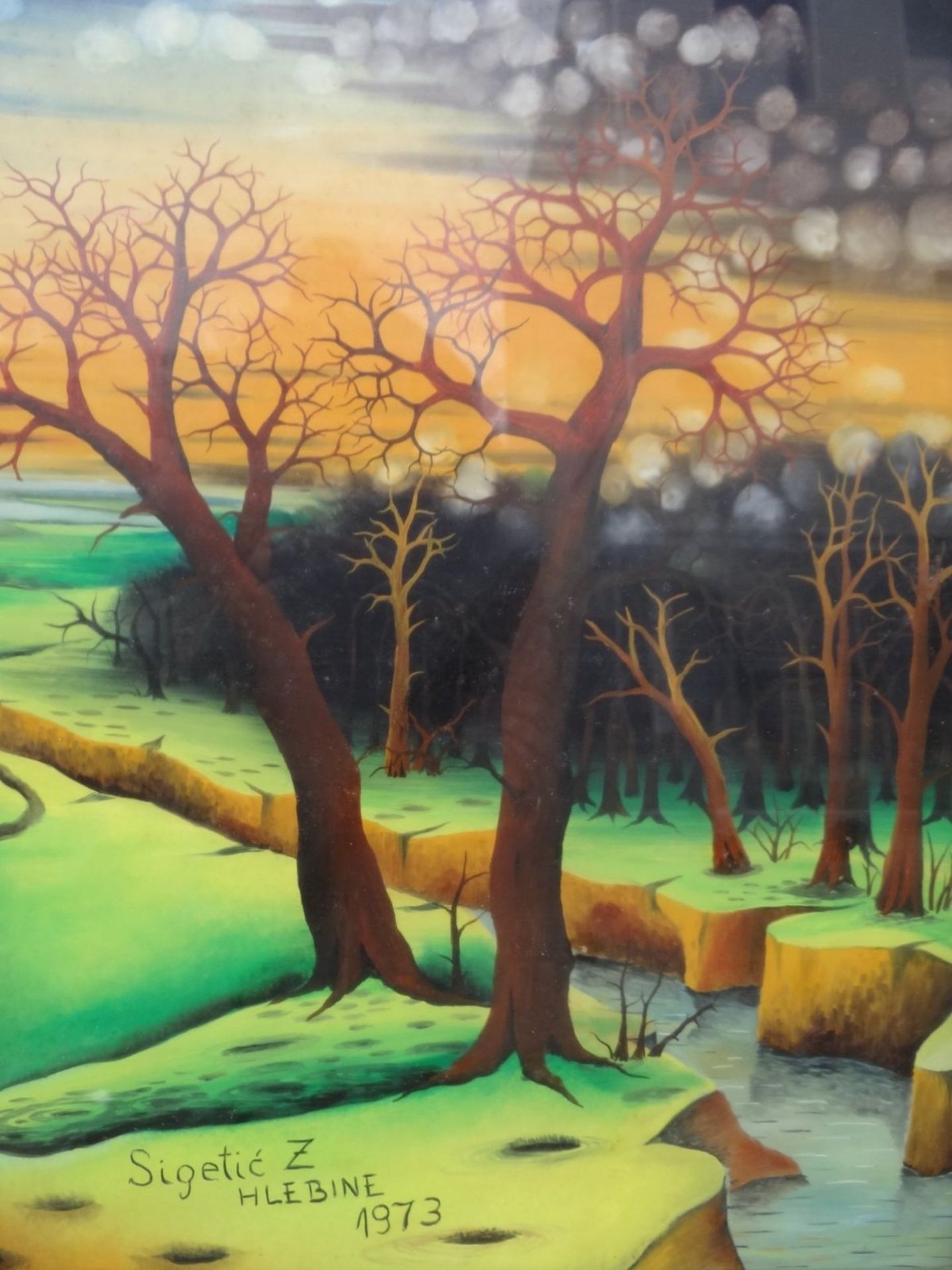 Sigetic Z., 1973 "Bäume im Herbst" naive Hinterglasmalerei, gerahmt, RG 44x44 cm - Bild 2 aus 5