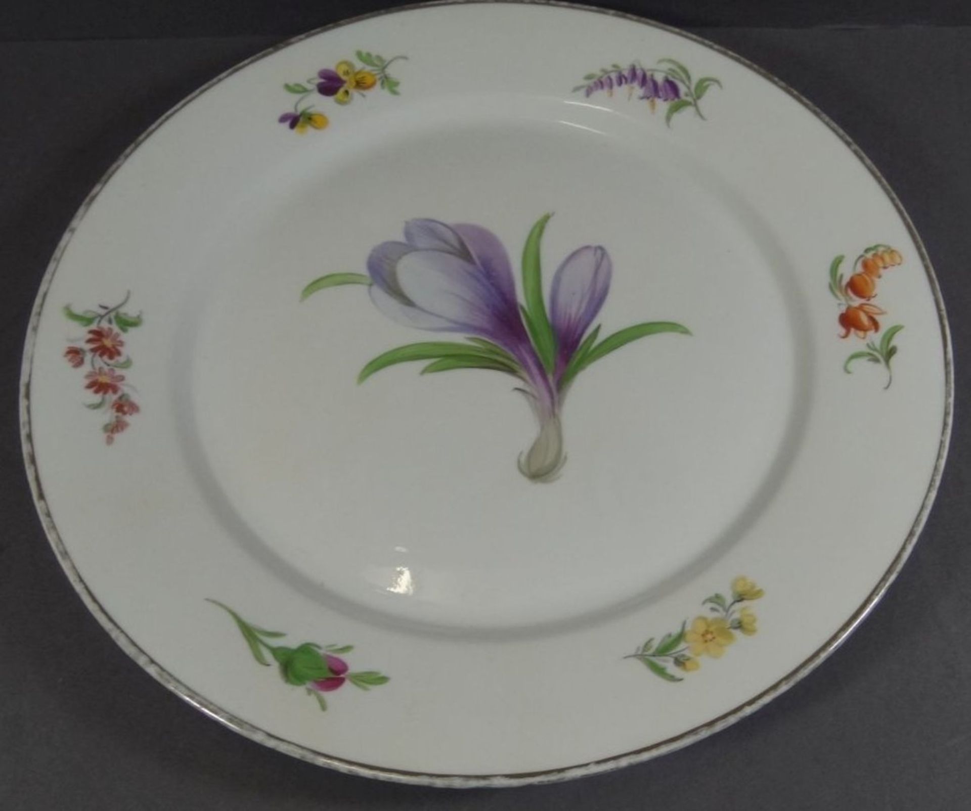 Speiseteller "Meissen" Blumenmalerei, Knaufschwerter, 2x durchschliffen, Goldrand berieben, D-26,5 - Bild 3 aus 6