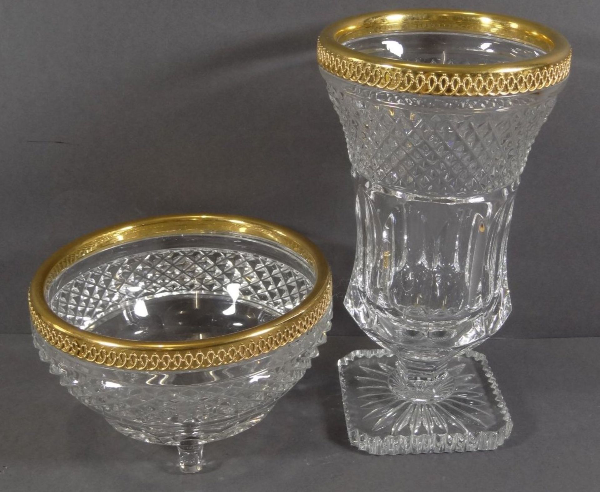 Kristall-Vase und Schale mit vergoldeten Rand