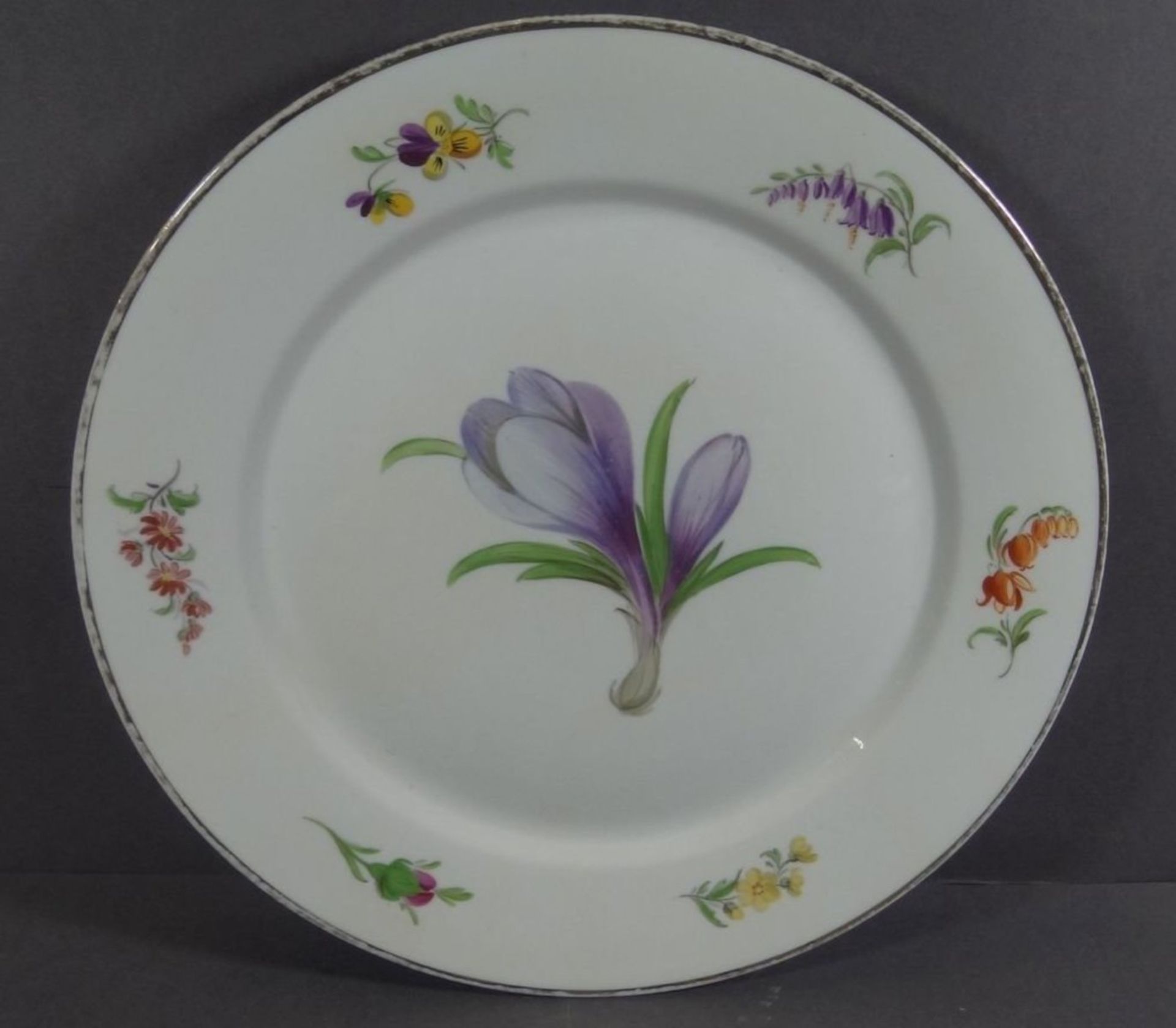 Speiseteller "Meissen" Blumenmalerei, Knaufschwerter, 2x durchschliffen, Goldrand berieben, D-26,5