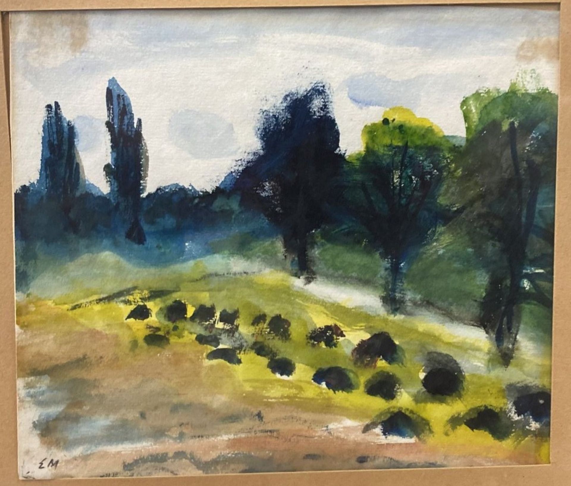 Ernst MORGENTHALER (1887-1962) E.M. Monogramm "Feld mit Bäumen" Aquarell, ger/Glas, RG 39x41 cm