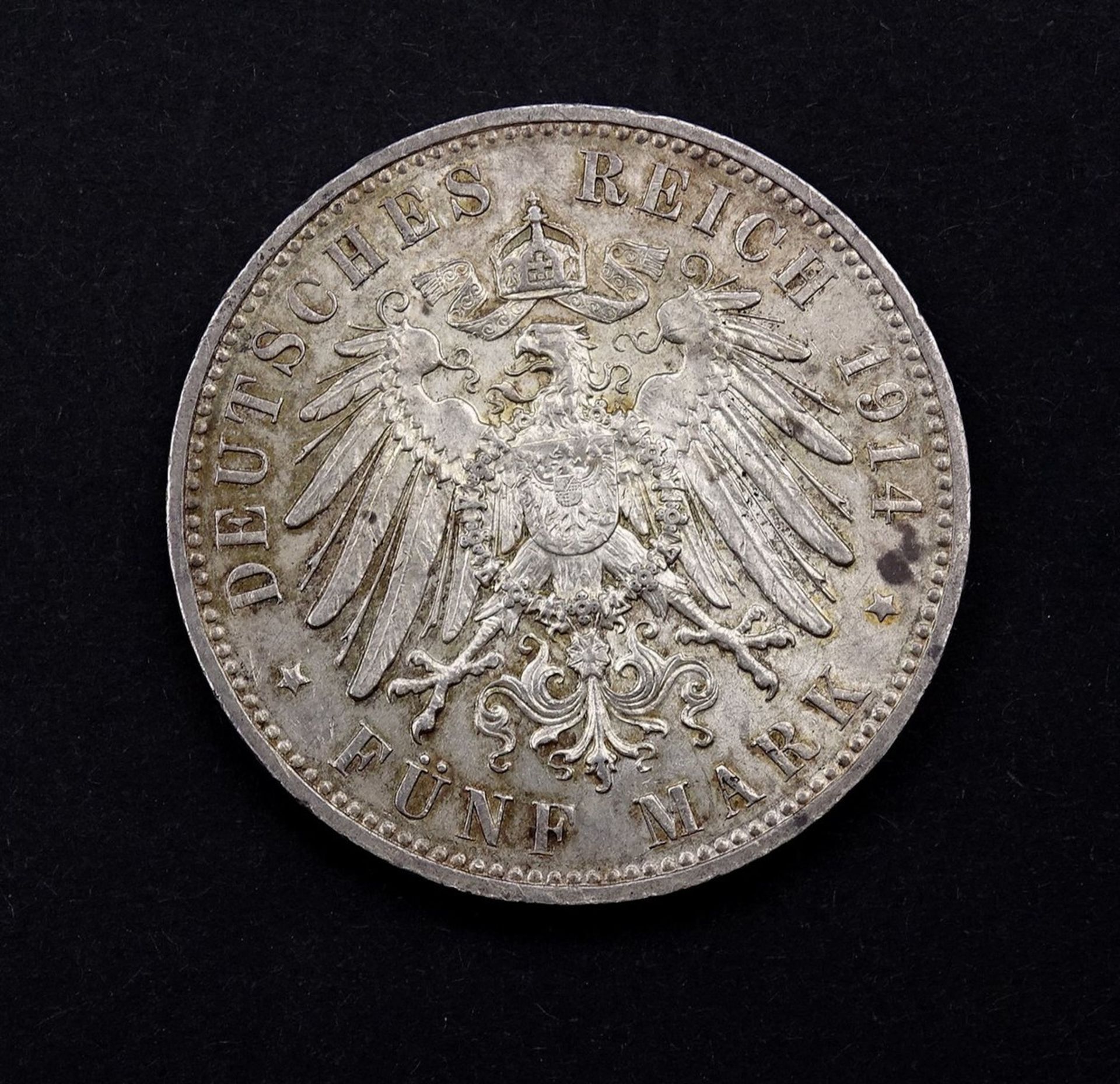 Fünf Mark 1914 E, Friedrich August König von Sachsen, 27,73 g. - Bild 2 aus 2