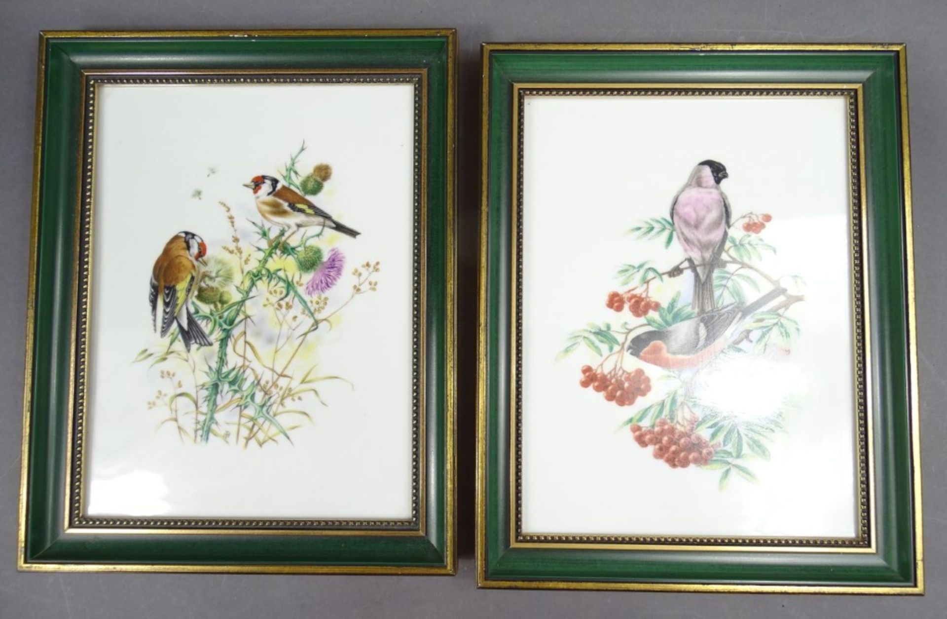 2 gerahmte Porzellanmalereien mit Vogelmotiven, Heinrich, 23x29 cm