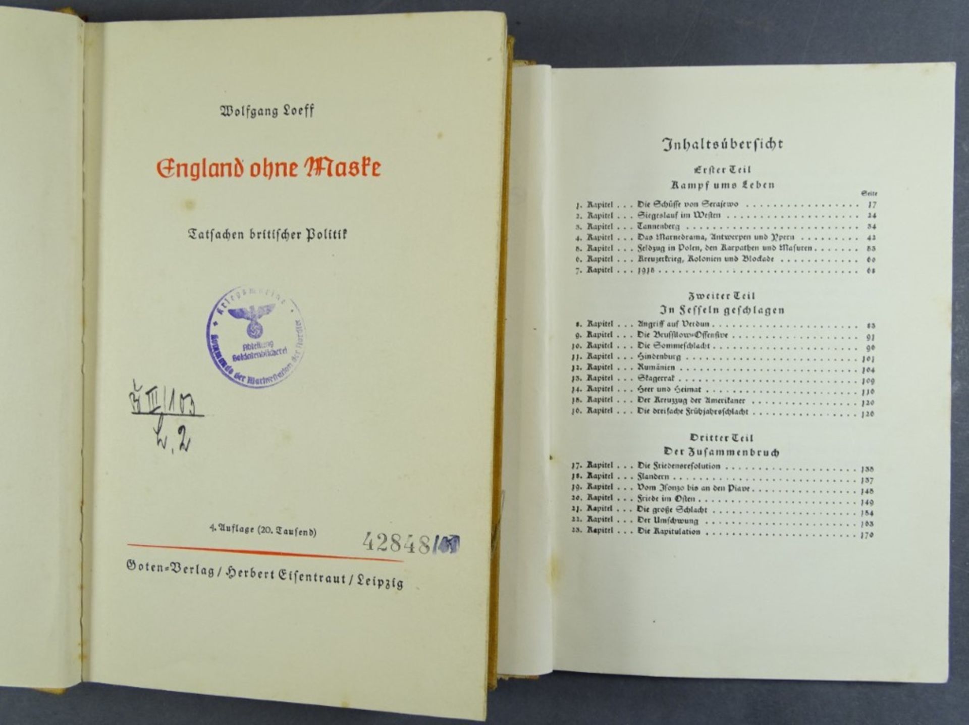 2 Sachbücher, Wolfgang Loeff, "England ohne Maske", 1939, Werner Beumelburg, "Sperrfeuer um - Bild 3 aus 10