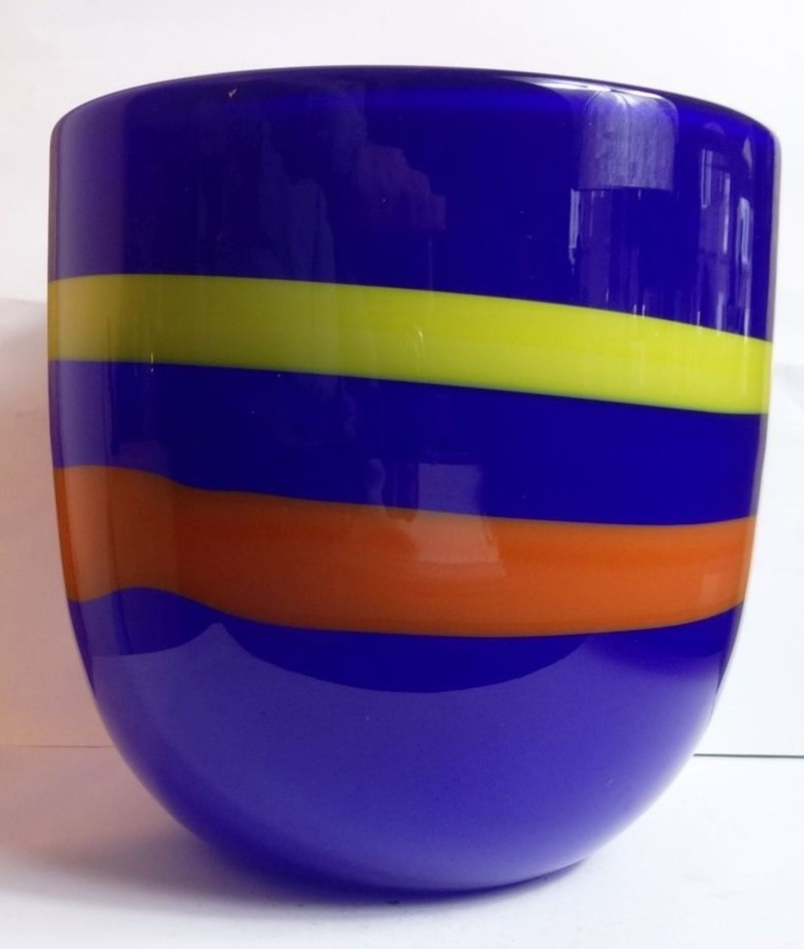 ROSENTHAL GLAS VASE/ SCHALE Johansson signiert , blaues dickes Glas mit gelben und orangenen