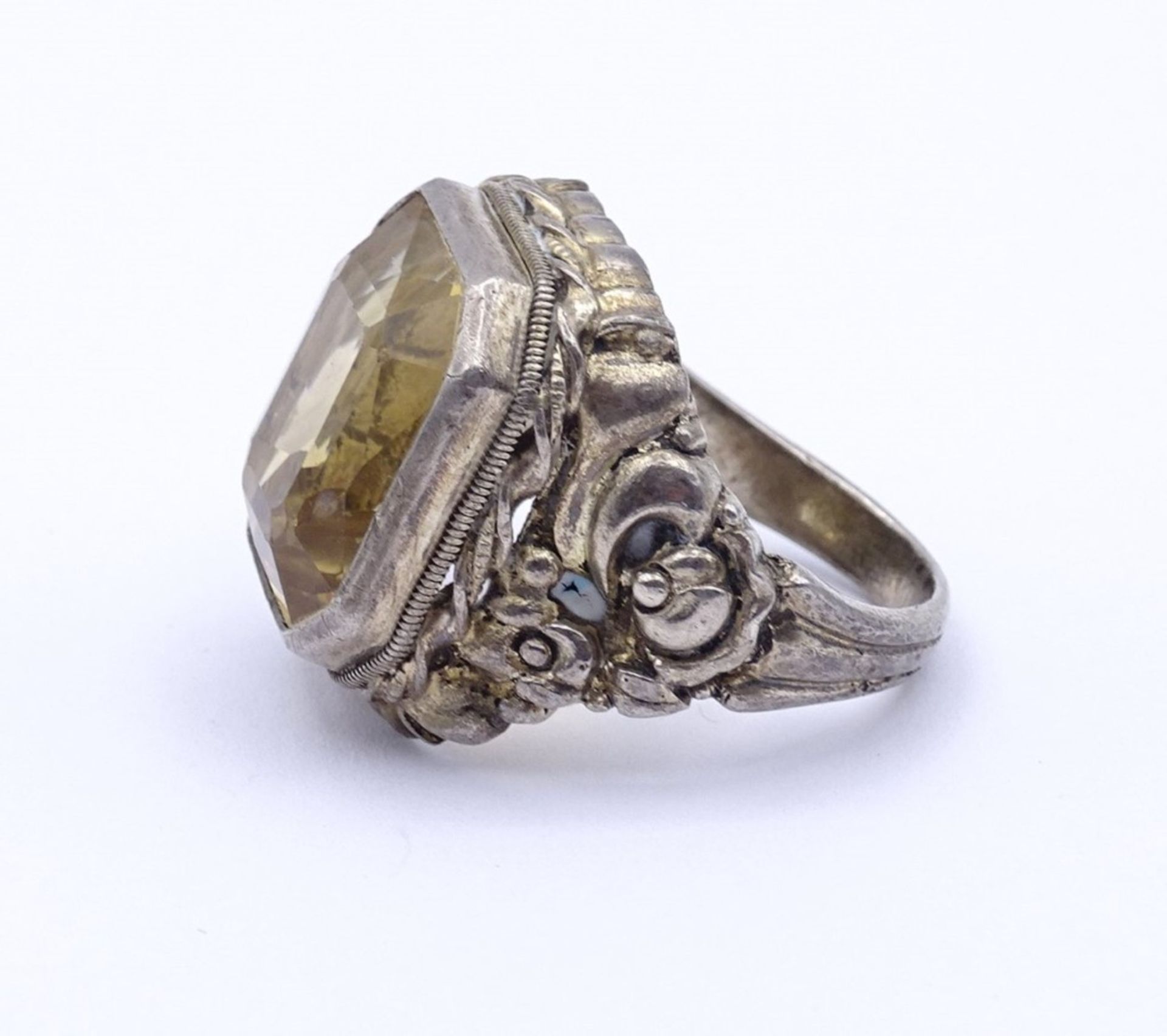 Alter Herren Ring mit großen facc. Citrin,Rosenmuster, 14,50 g., RG 61/62,Sterling Silber 0.925, - Bild 3 aus 4