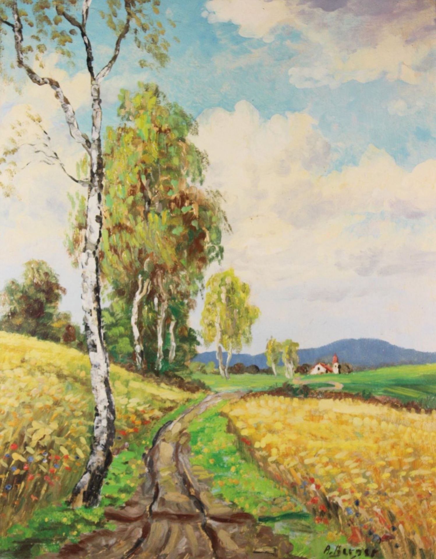 A.Berger, Landschaft mit Birke, Öl/Hartfaser, alt gerahmt, RG 64 x 53cm.