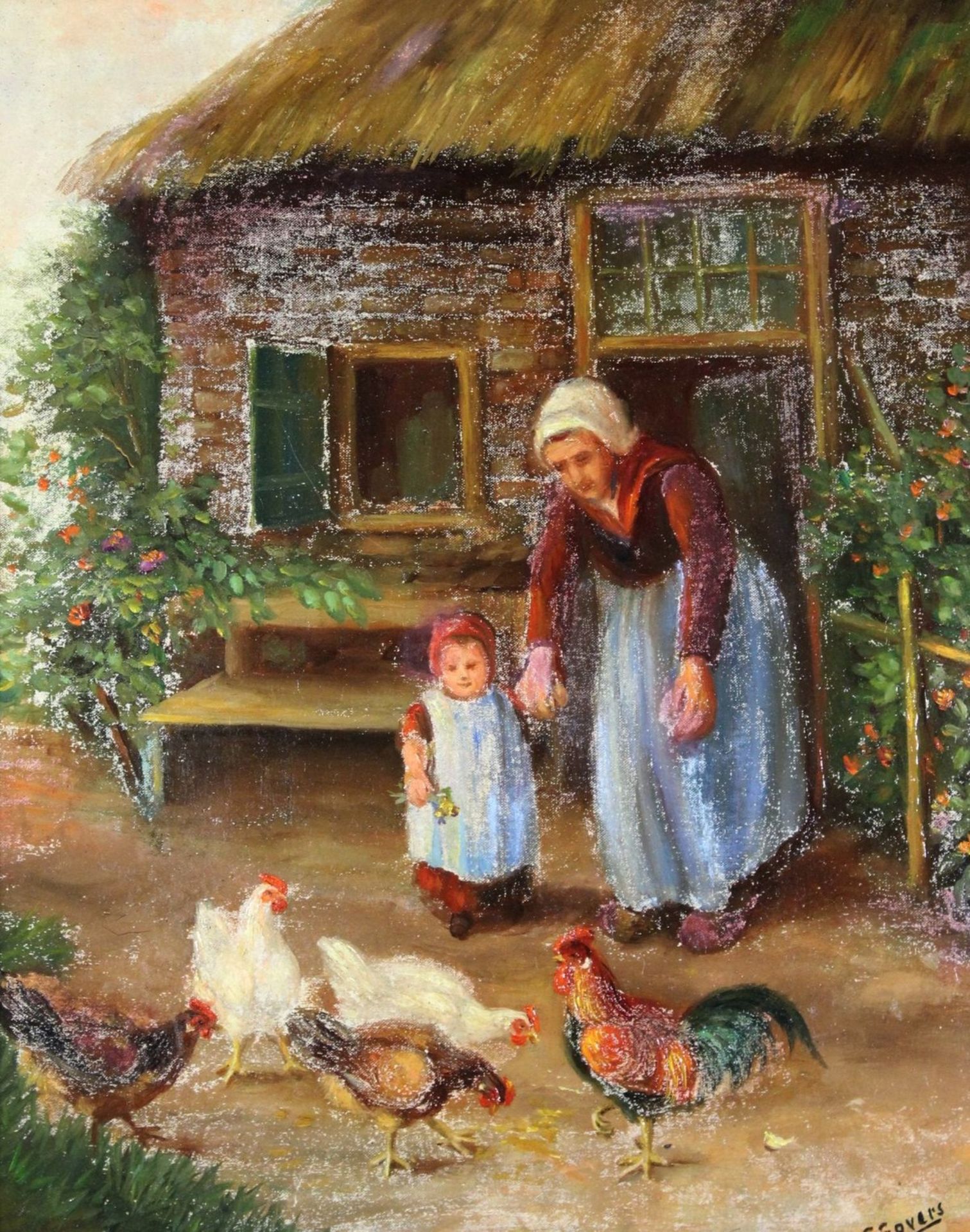 Govers, Bäuerin mit Kind beim Hühnerfüttern, wohl Niederlande, 19. Jhd., Öl/Holz, gut gerahmt, - Image 3 of 5