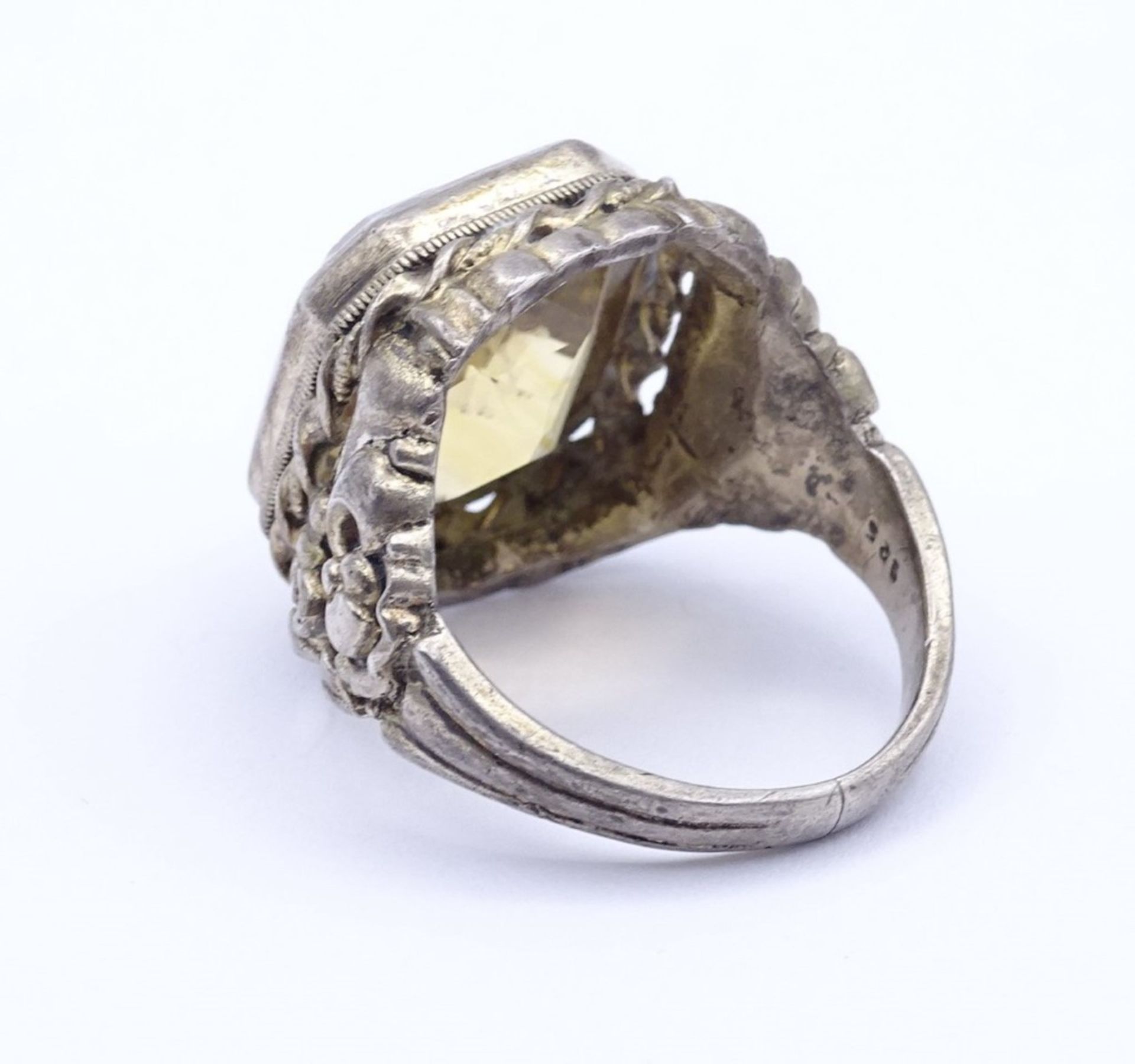 Alter Herren Ring mit großen facc. Citrin,Rosenmuster, 14,50 g., RG 61/62,Sterling Silber 0.925, - Bild 4 aus 4
