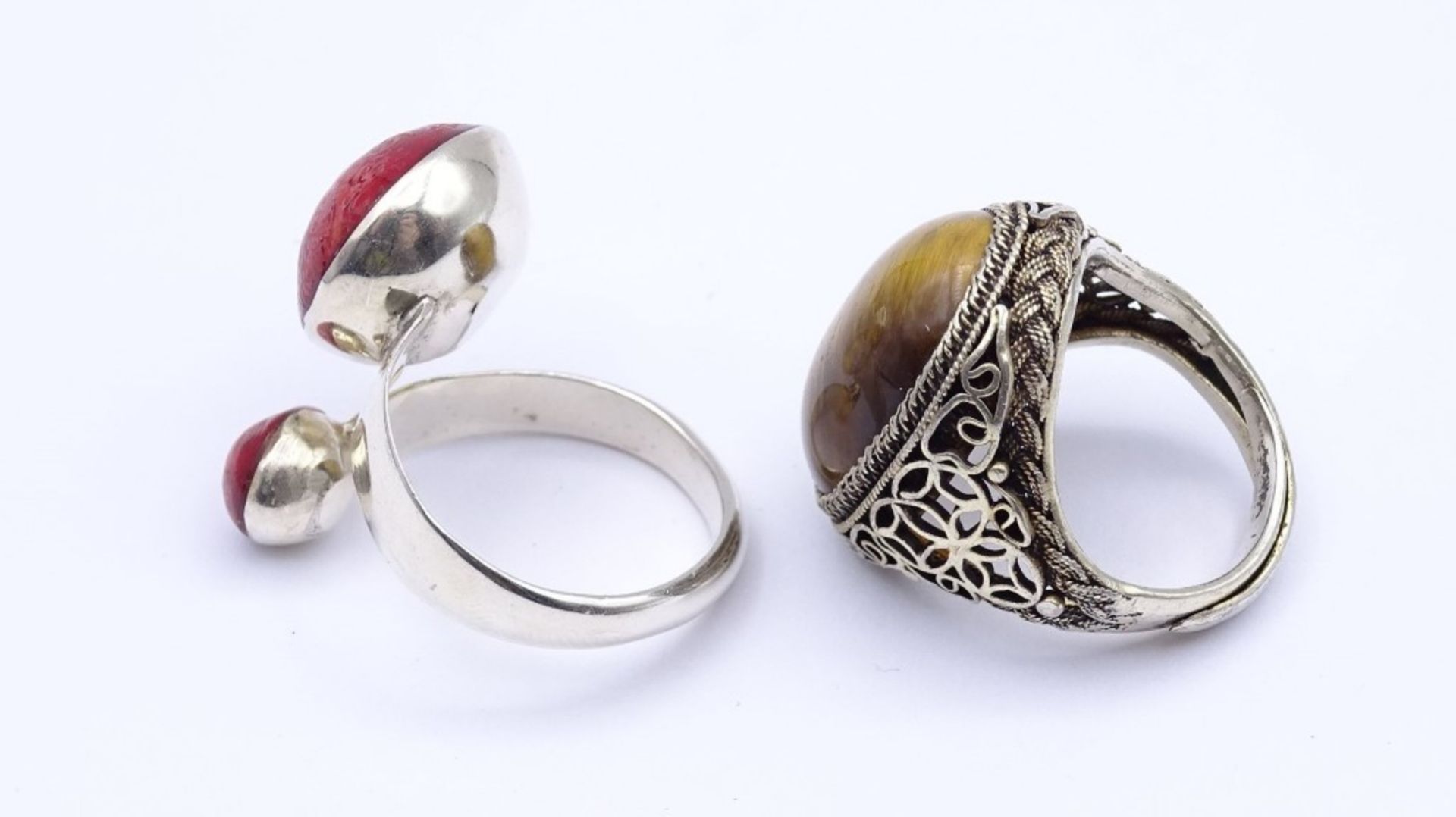 Zwei Silber Ringe mit Schaumkoralle und Tigerauge, zus.14 g., RG 59 / 52 - Image 3 of 3