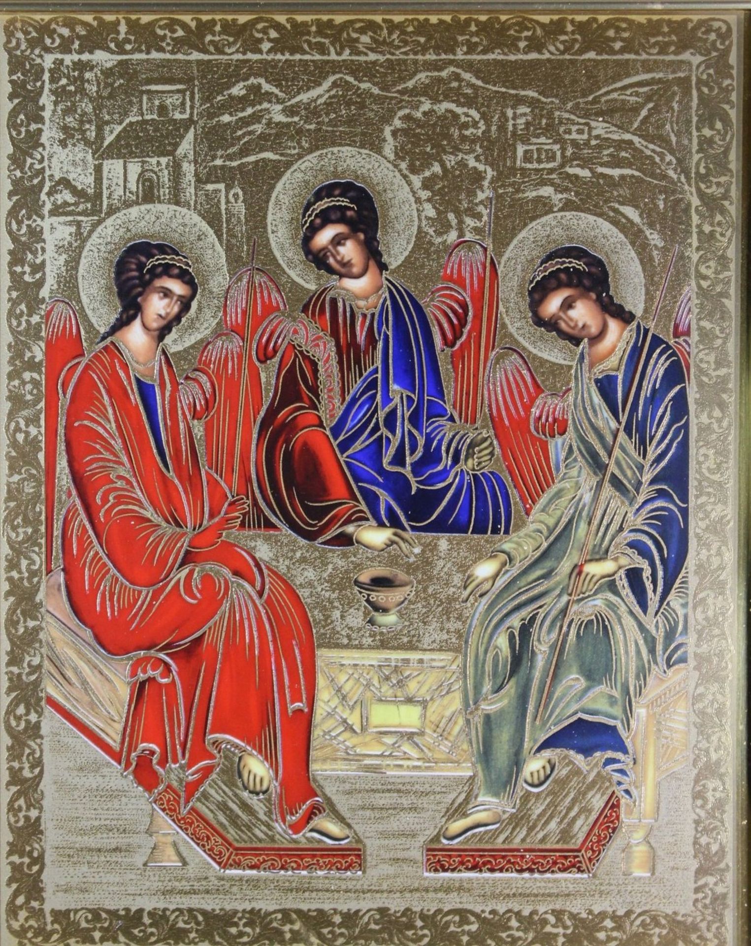 Ikone auf Porzellan, Bildnis der drei Engel, Seltmann Weiden, gerahmt, RG 37 x 32cm.