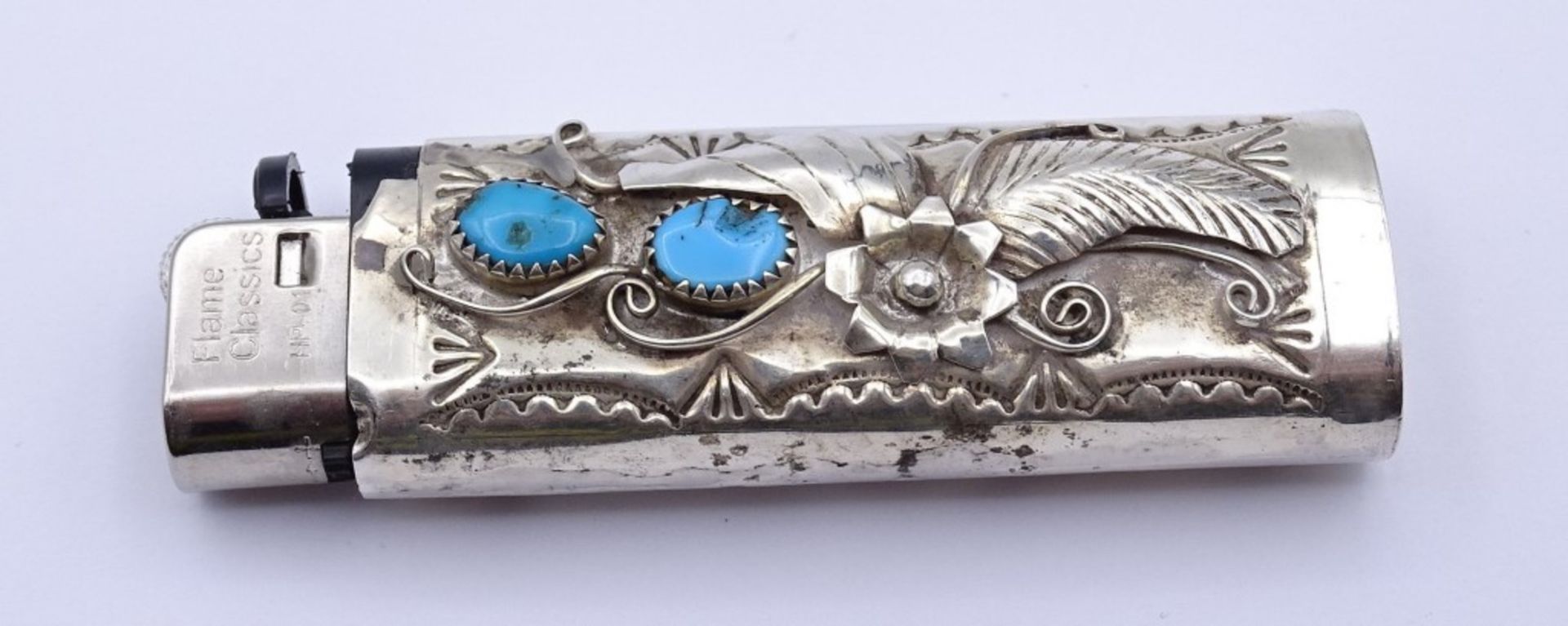 Feuerzeug Hülle mit türkisen Steinen,Silber, 12,3 g. L- 7,0cm - Bild 2 aus 3
