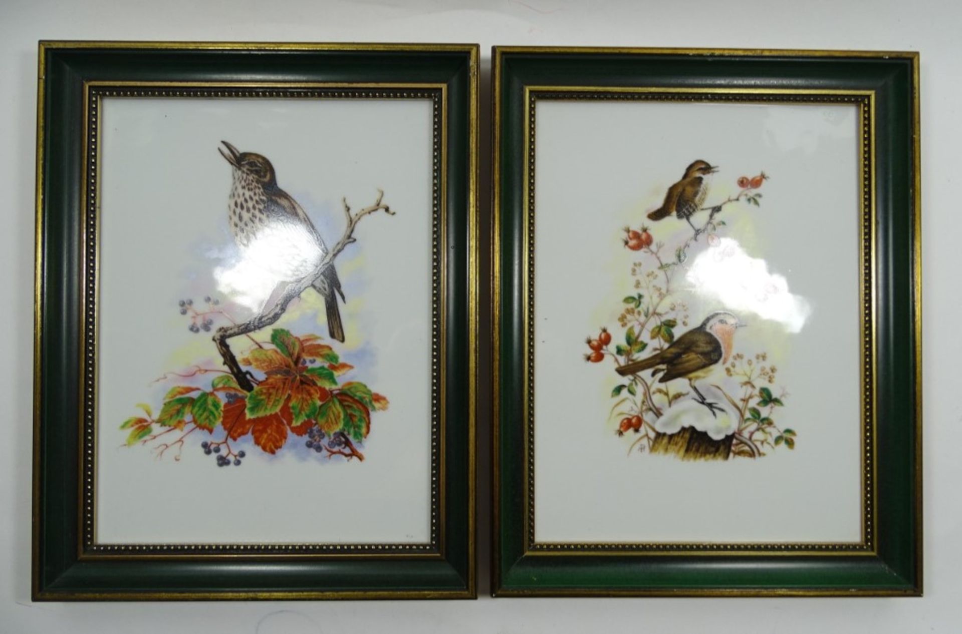 2 Porzellan-Bilder, gerahmt, mit Vogeldarstellungen, Heinrich, je 29 x 22,5 cm, Rahmen mit kleinen
