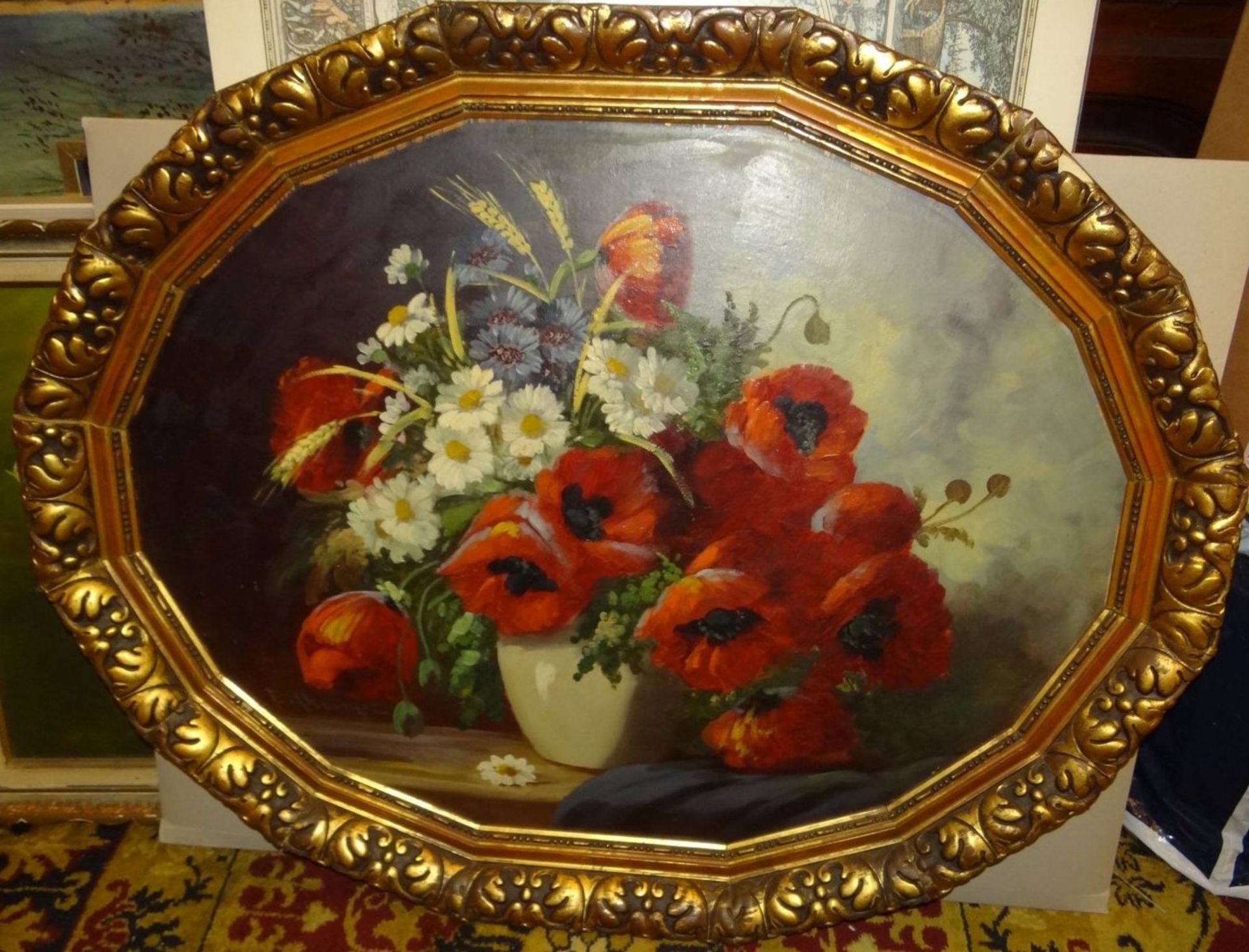 anonymes ovales Gemälde, Feldblumen, alter Rahmen etwas wackelig, Öl/Malfaser, 74x93 cm