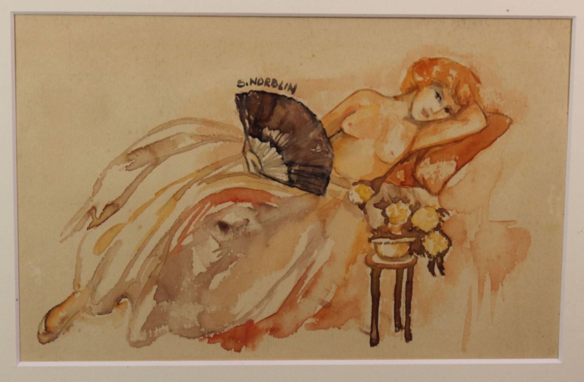 Stefan NORBLIN (1892-1952) "sitzender Halbakt mit Fächer" Aquarell, ger/Glas, RG 36 x 40cm.