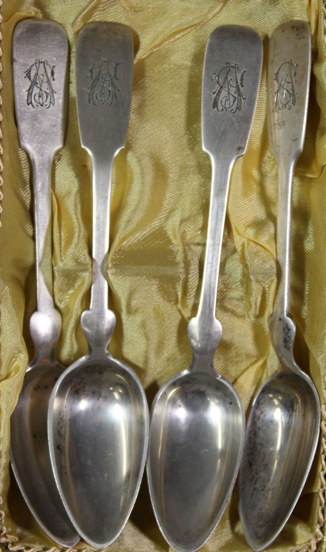 4x Kaffeelöffel, 800er Silber, Albert Schroeter, ca. L-16cm,, zus. 100,8gr., Ziermonogramm,