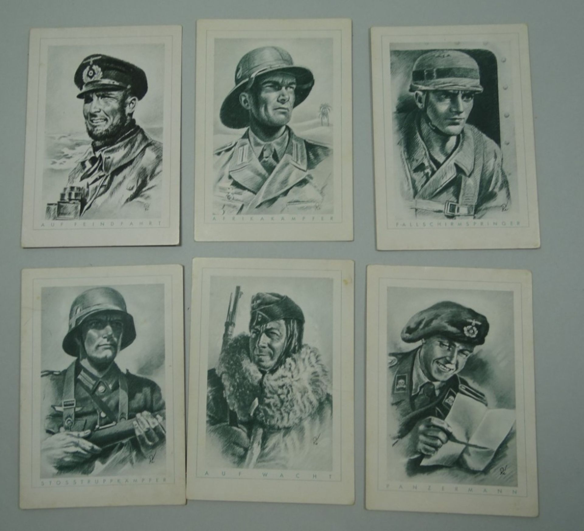6 Postkarten mit Soldaten 2. WK, ungelaufen, Rückseiten teilweise bemalt