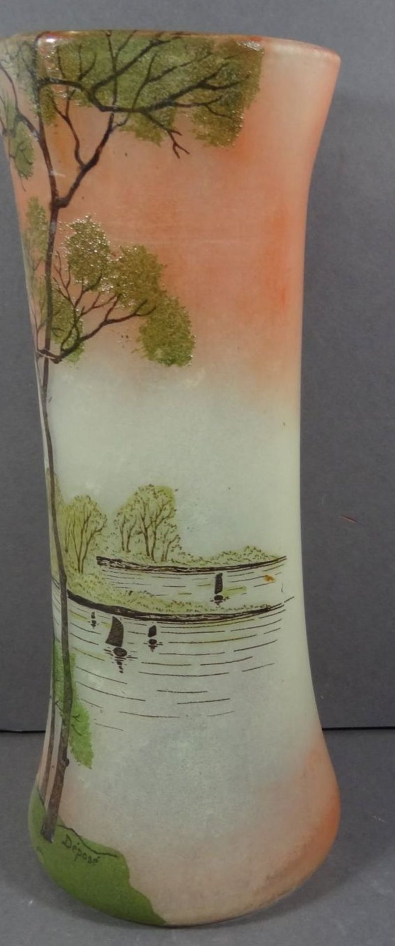Jugendstil-Vase, beschriftet Depose, bemalt mit Fluss-Szenerie, H-28 cm, D-12 cm - Bild 4 aus 8