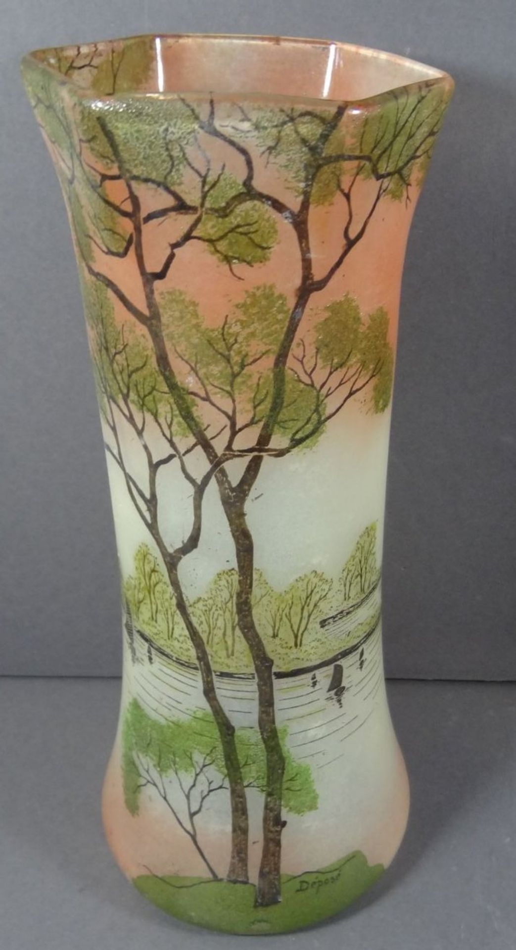 Jugendstil-Vase, beschriftet Depose, bemalt mit Fluss-Szenerie, H-28 cm, D-12 cm - Bild 2 aus 8